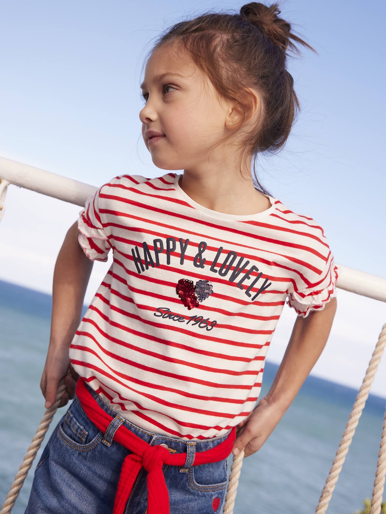 Tee-shirt rayé avec coeur en sequins fille écru rayé