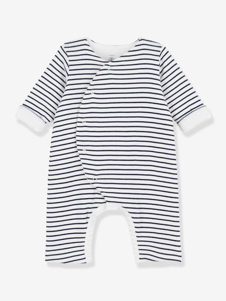 Combinaison Longue Rayee Bebe En Coton Bio Petit Bateau Blanc Raye Marine Petit Bateau