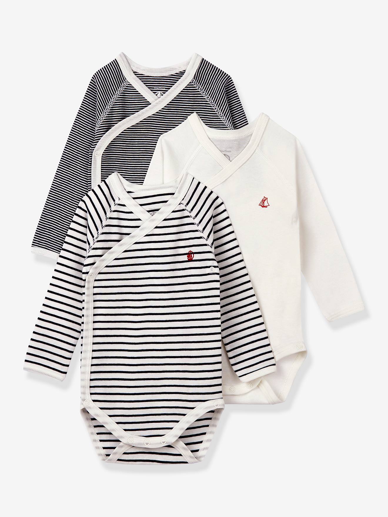 Lot de 3 bodies croisés manches longues rayés bébé naissance en coton bio PETIT BATEAU marine