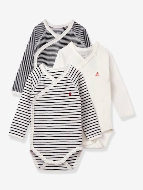 Lot De 3 Bodies Croises Manches Longues Rayes Bebe Naissance En Coton Bio Petit Bateau Marine Petit Bateau