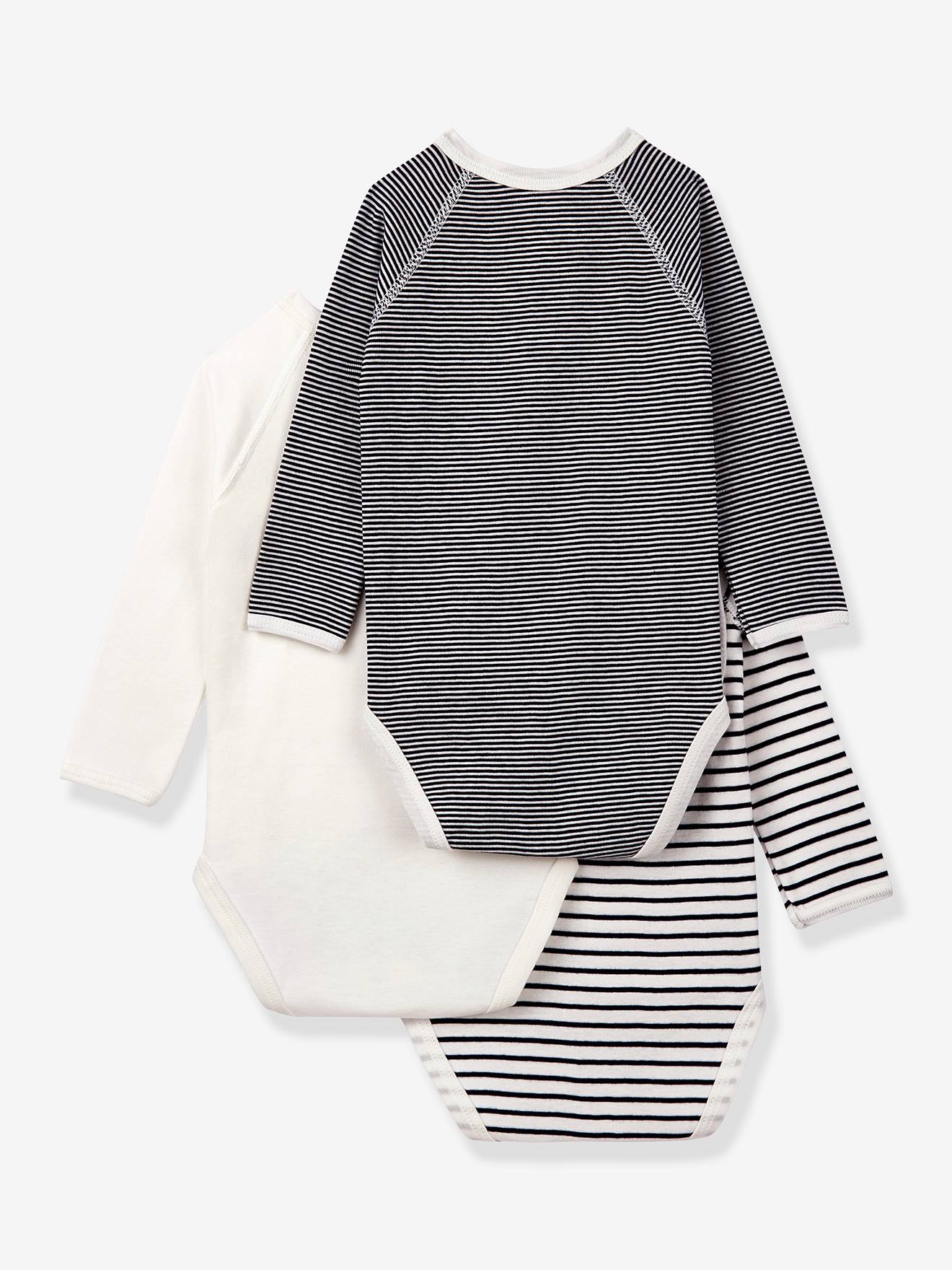 Lot de 3 bodies croisés manches longues rayés bébé naissance en coton bio marine (Petit Bateau) - Image 1
