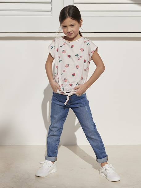 T-shirt imprimé fille avec noeud fantaisie blanc / rouge+écru+kaki+marine+rose mauve imprimé+vanille+vert 24 - vertbaudet enfant 