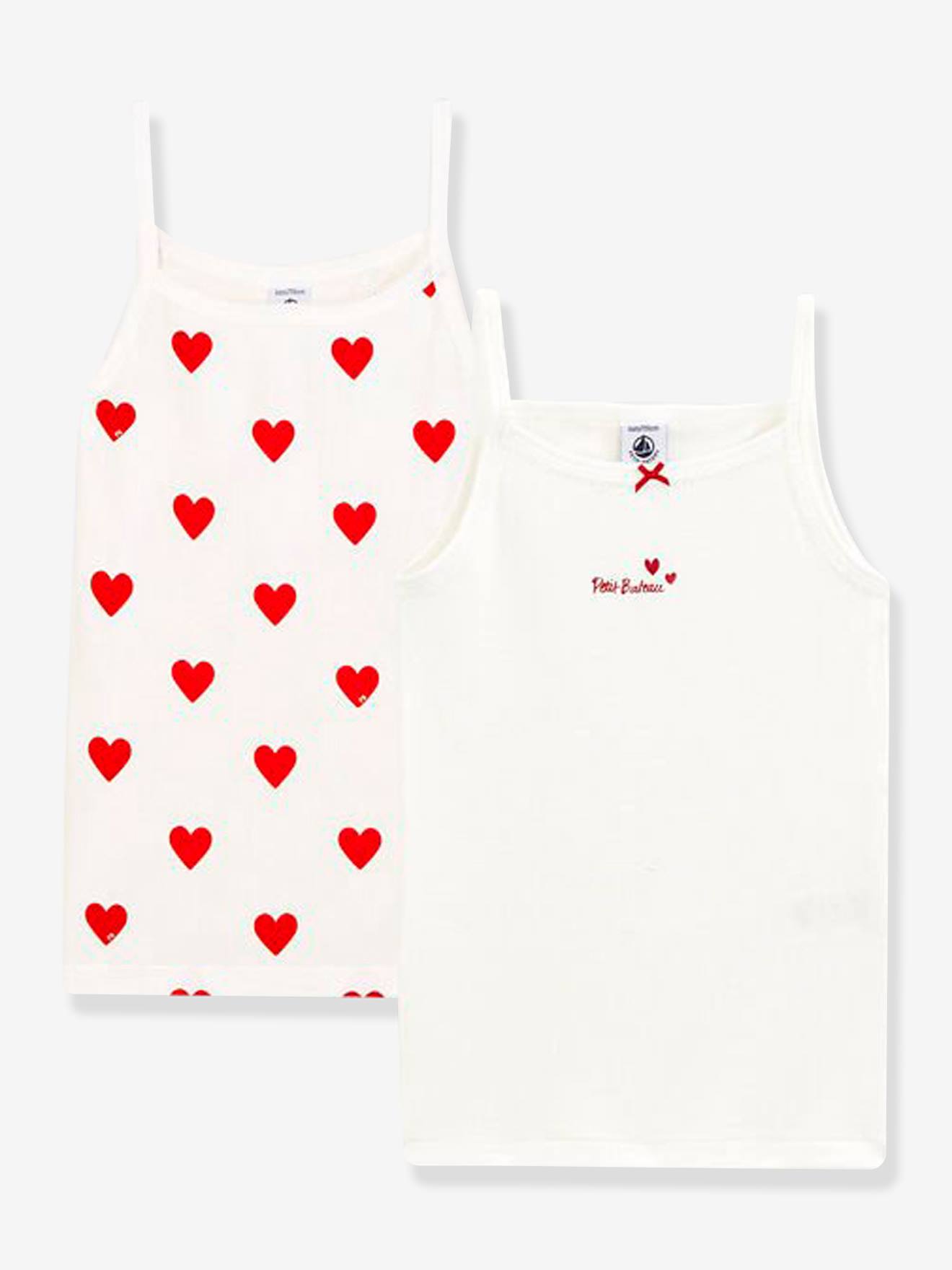 Lot de 2 Chemises à bretelles Coeur petite fille en coton - PETIT BATEAU blanc coeurs