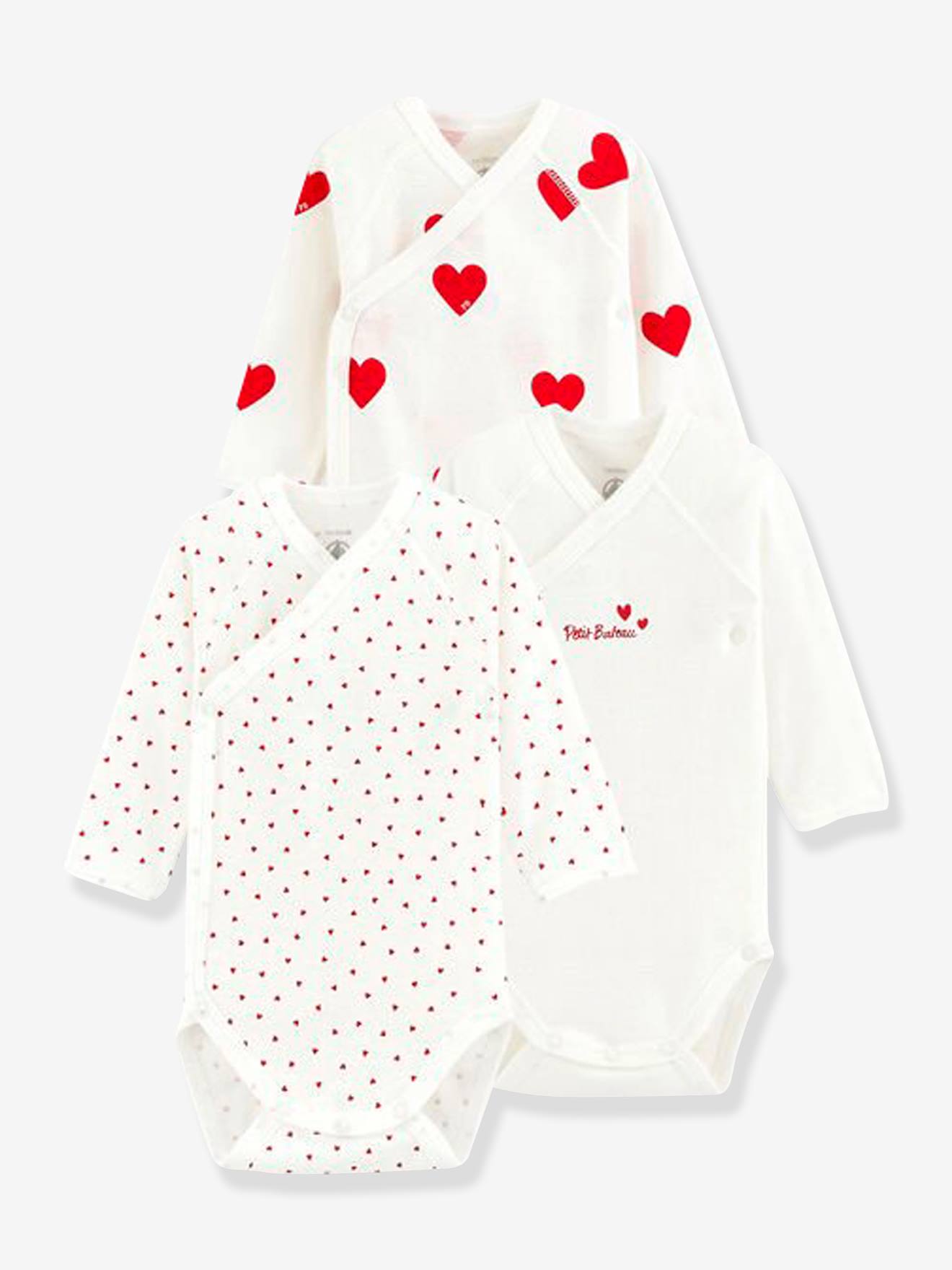 Lot de 3 bodies croisés manches longues coeurs bébé naissance en coton bio blanc