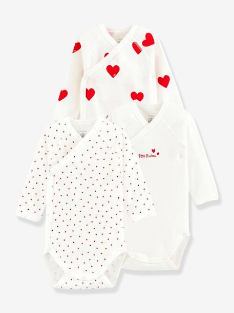 Petit Bateau - Lot de 3 bodies croisés cœur rouge manches longues bébé