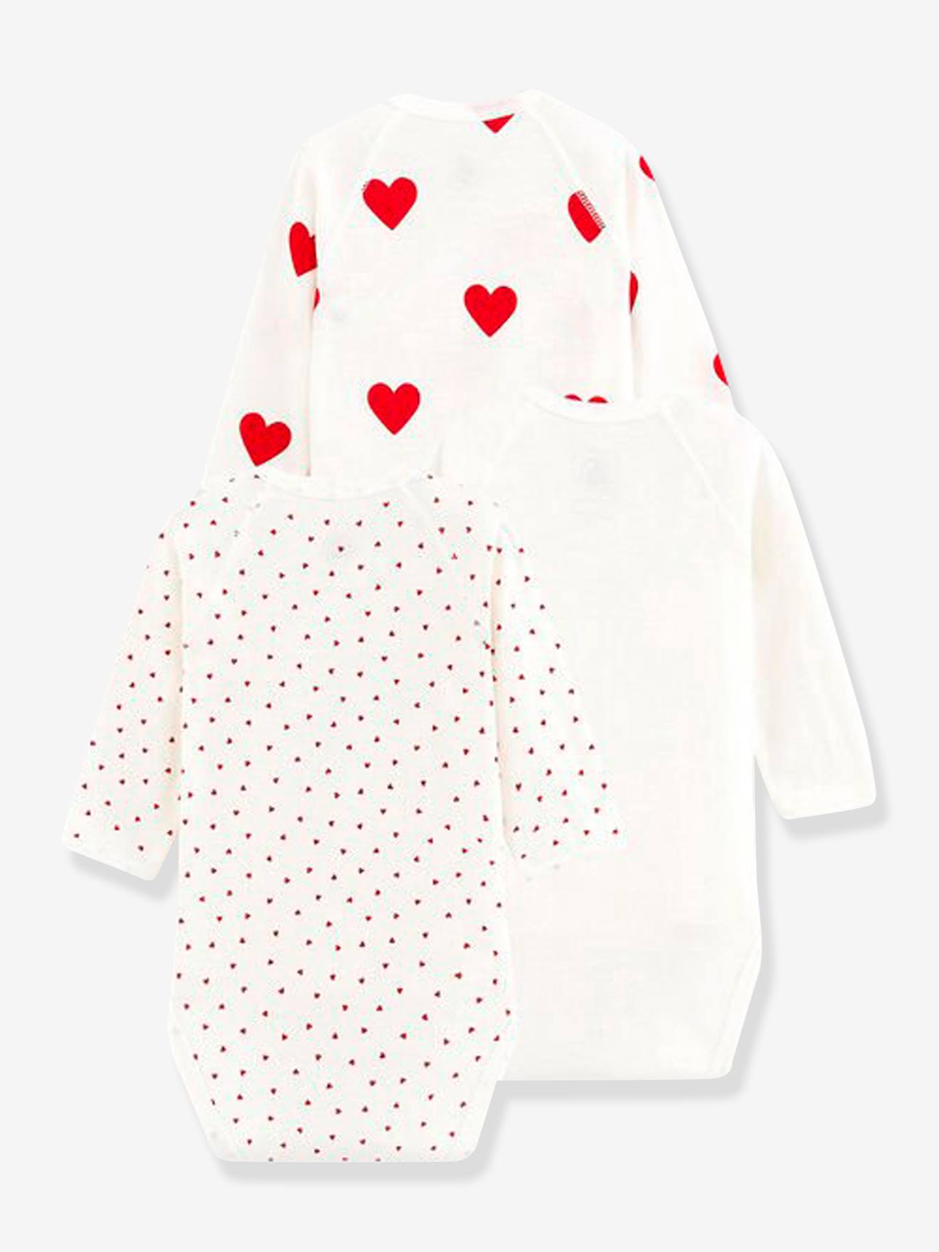 Lot de 3 bodies croisés manches longues coeurs bébé naissance en coton bio blanc (Petit Bateau) - Image 1