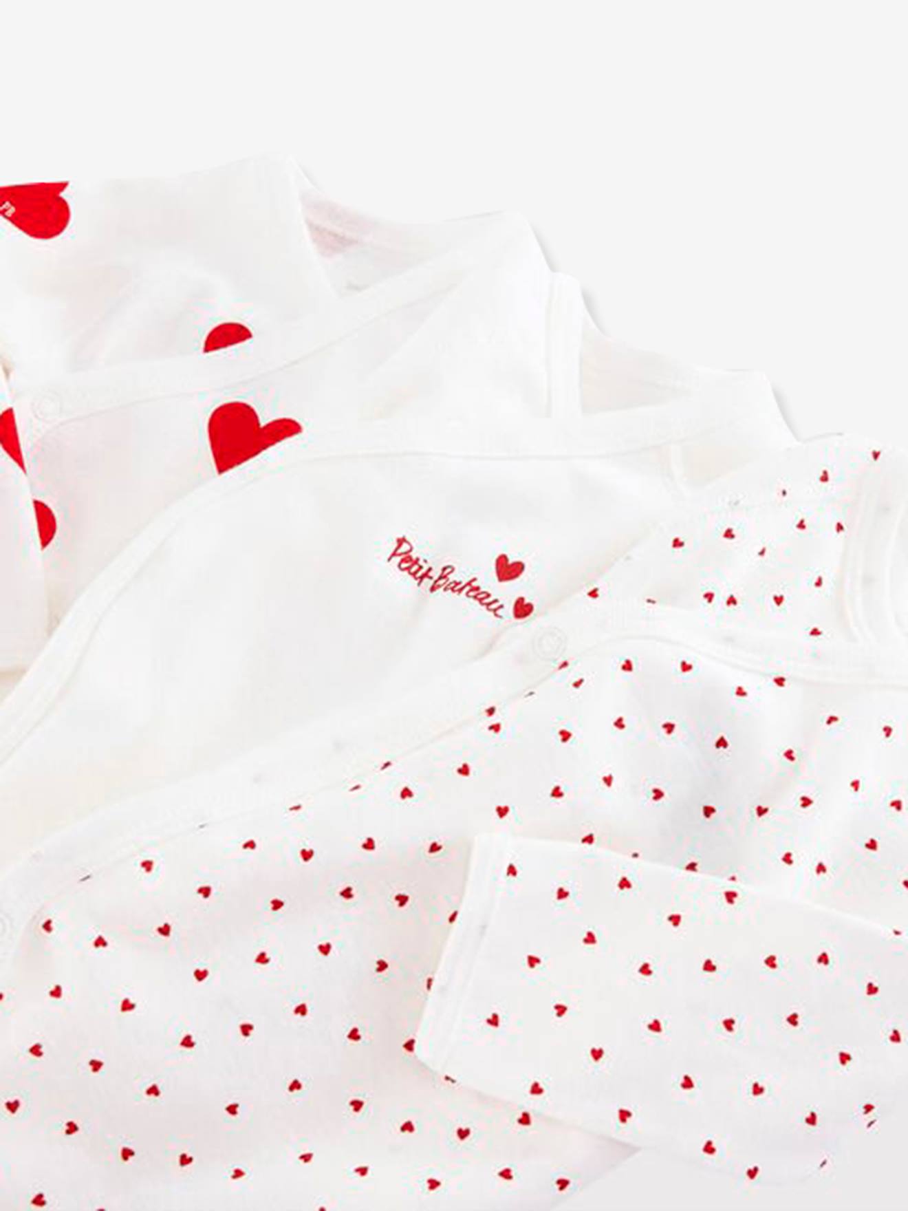 Lot de 3 bodies croisés manches longues coeurs bébé naissance en coton bio blanc (Petit Bateau) - Image 2