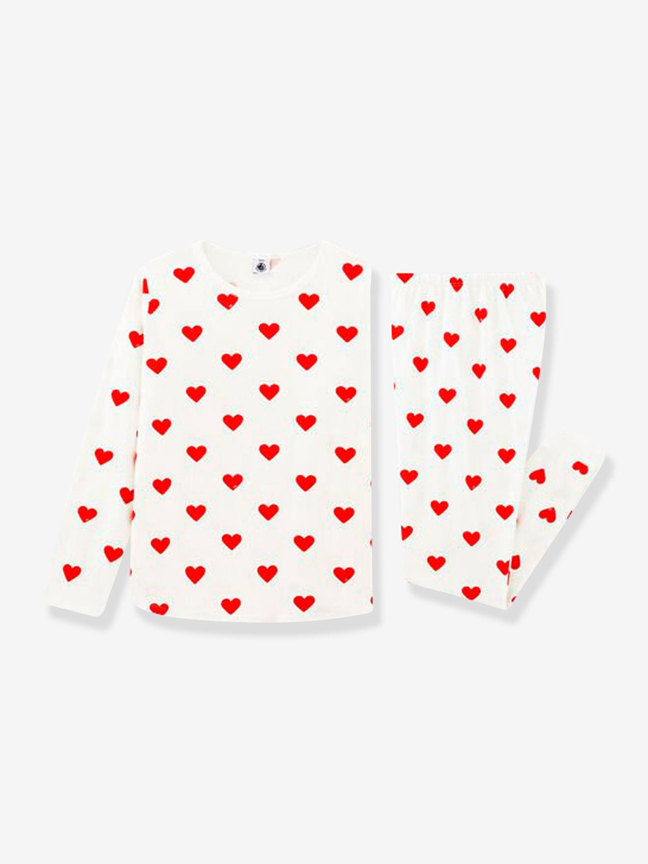 Pyjama coeur fille manches longues en coton bio motif coeurs