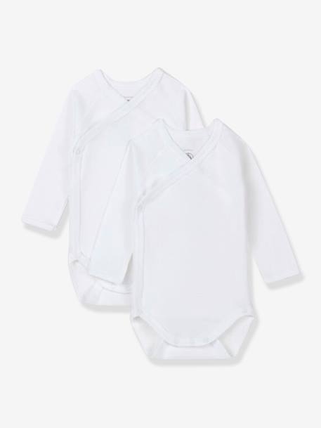 Petit Bateau - Lot de 2 bodies croisés manches longues bébé naissance en coton bio blanc