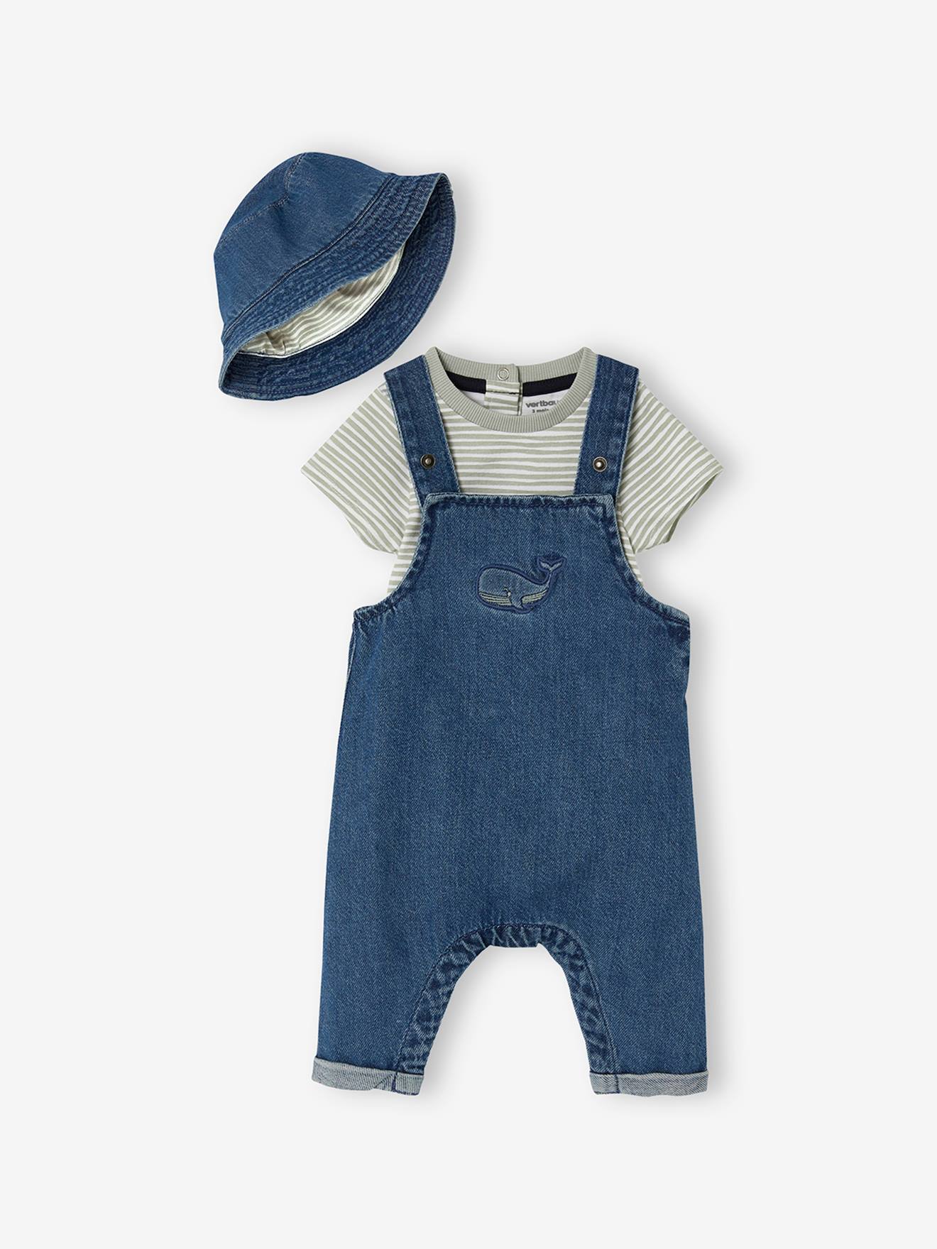 Ensemble bébé salopette et bob en denim et son body stone