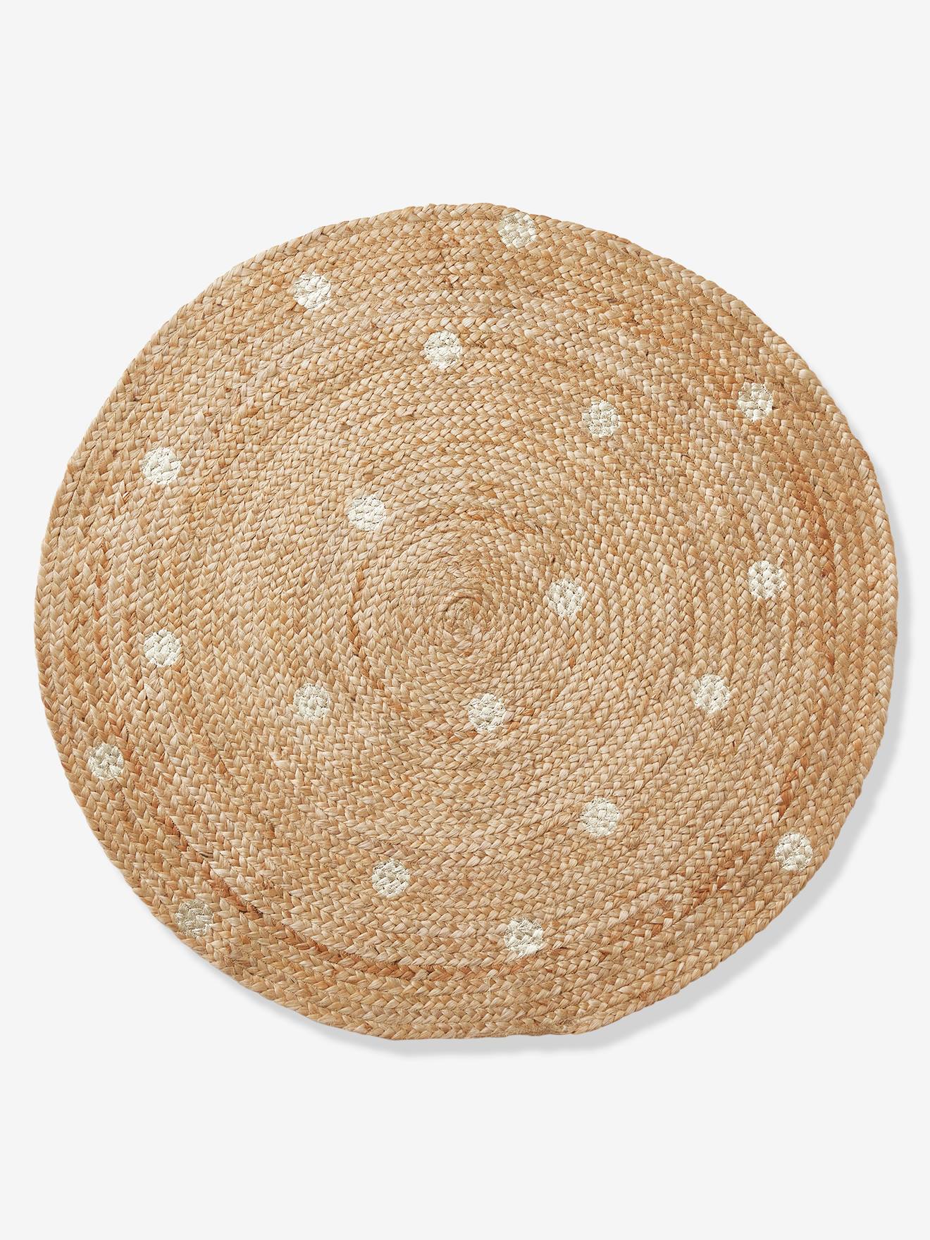 Tapis rond en jute à pois dorés beige clair uni avec decor