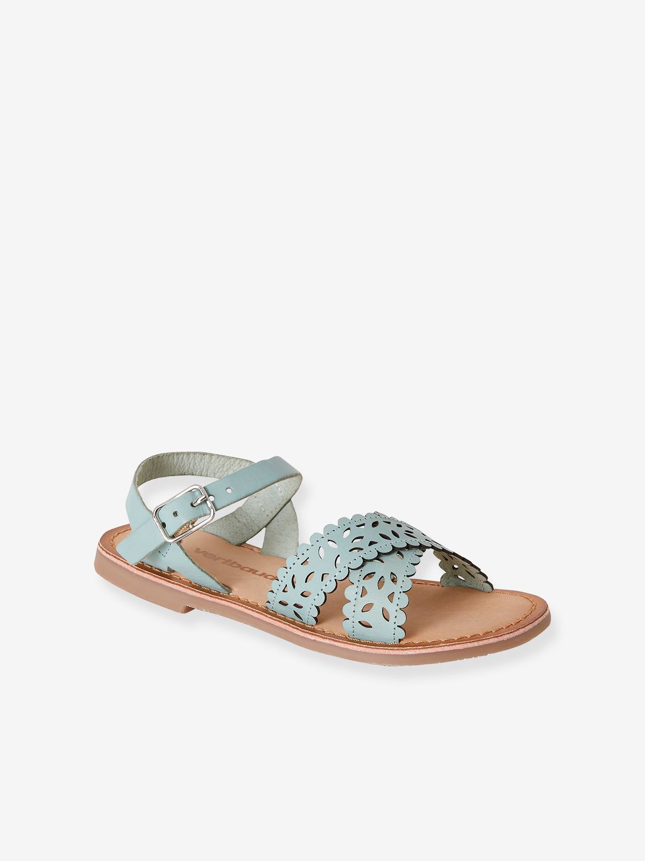 Sandales cuir tannage végétal fille sauge