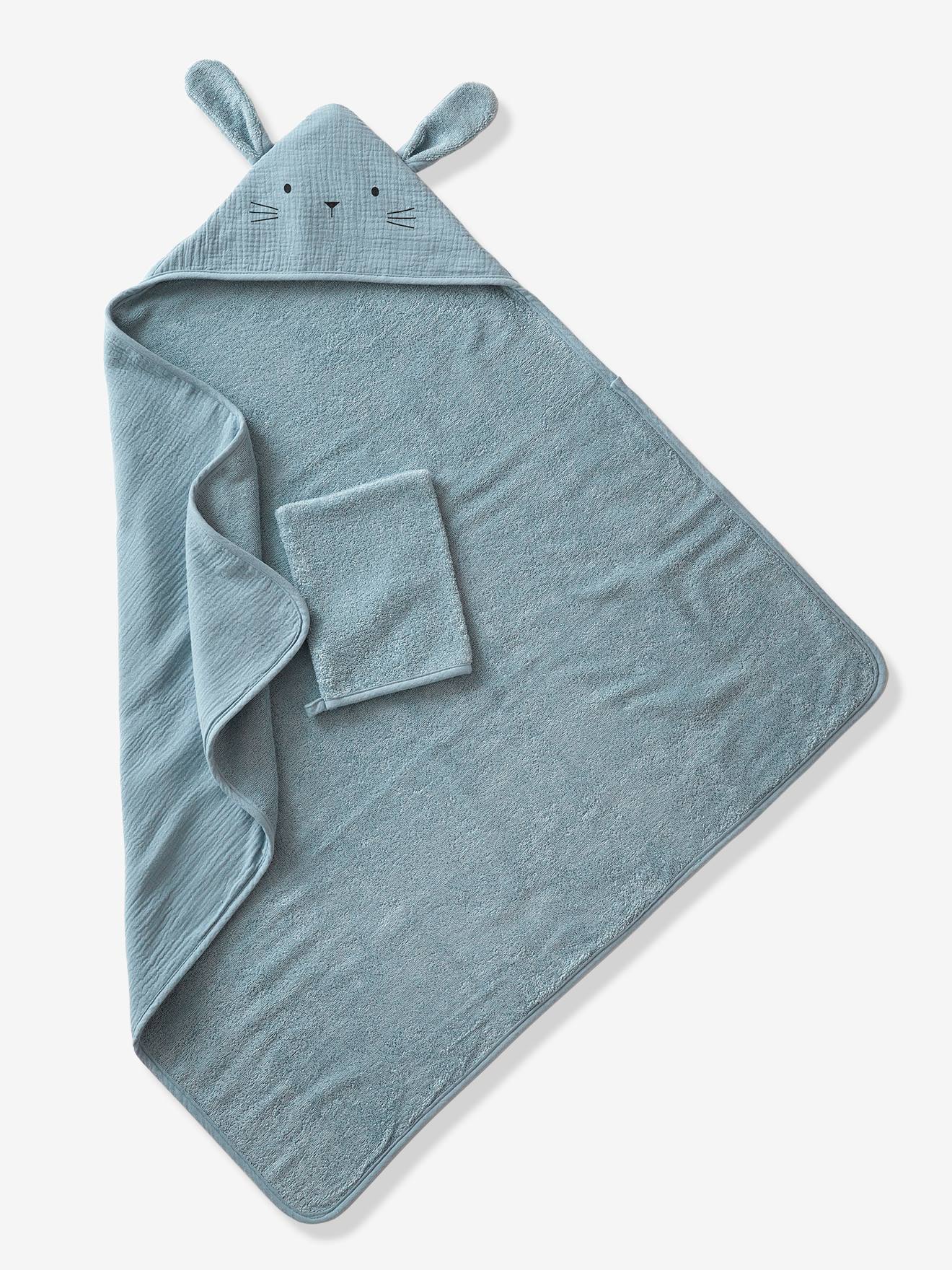 Cape de bain gaze de coton et gant de toilette BIO* bleu (Vertbaudet) - Image 1