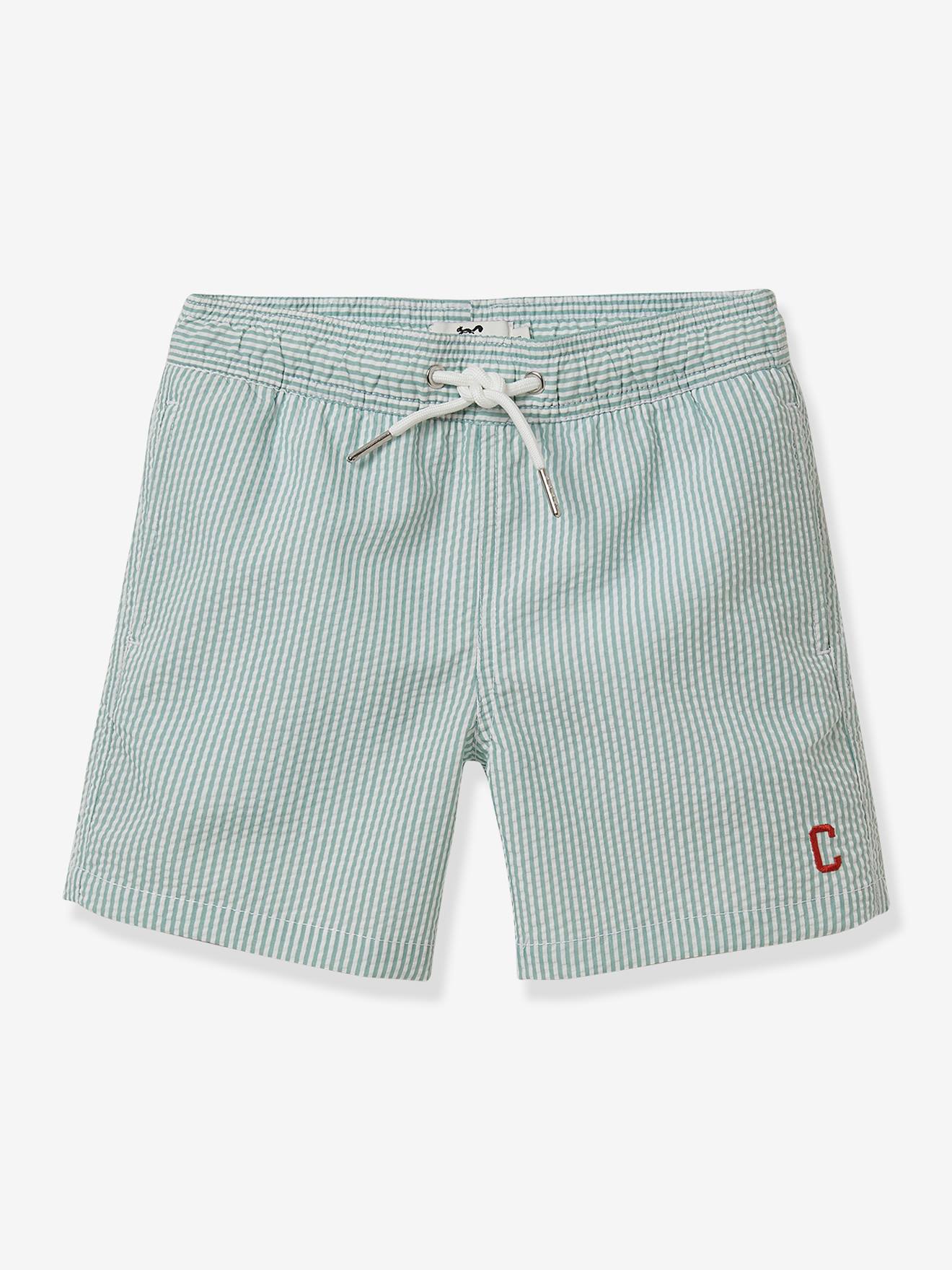 Short de bain Garçon en tissu seersucker CYRILLUS rayé vert/blanc