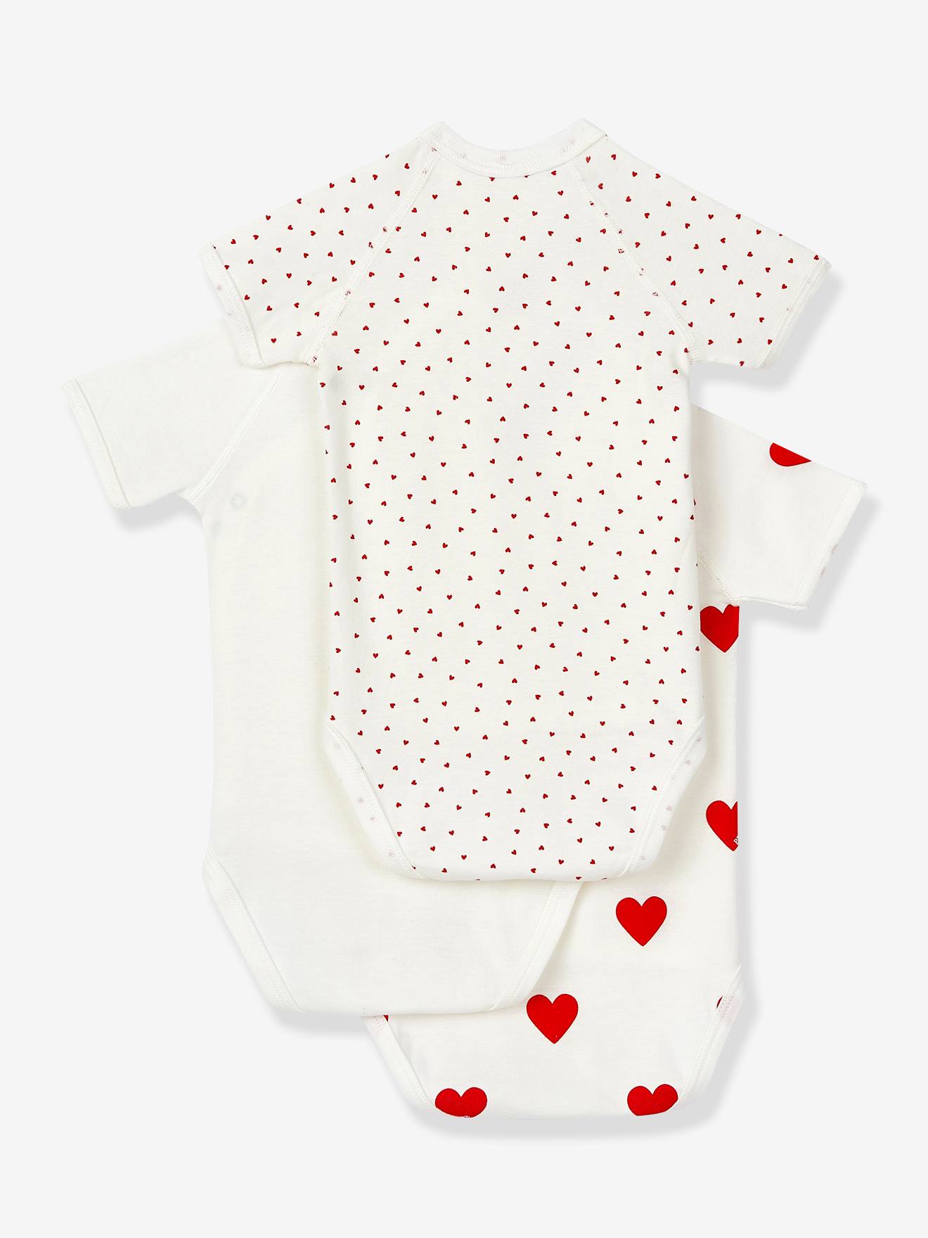 Lot de 3 bodies croisés manches courtes coeurs bébé naissance en coton bio blanc (Petit Bateau) - Image 1