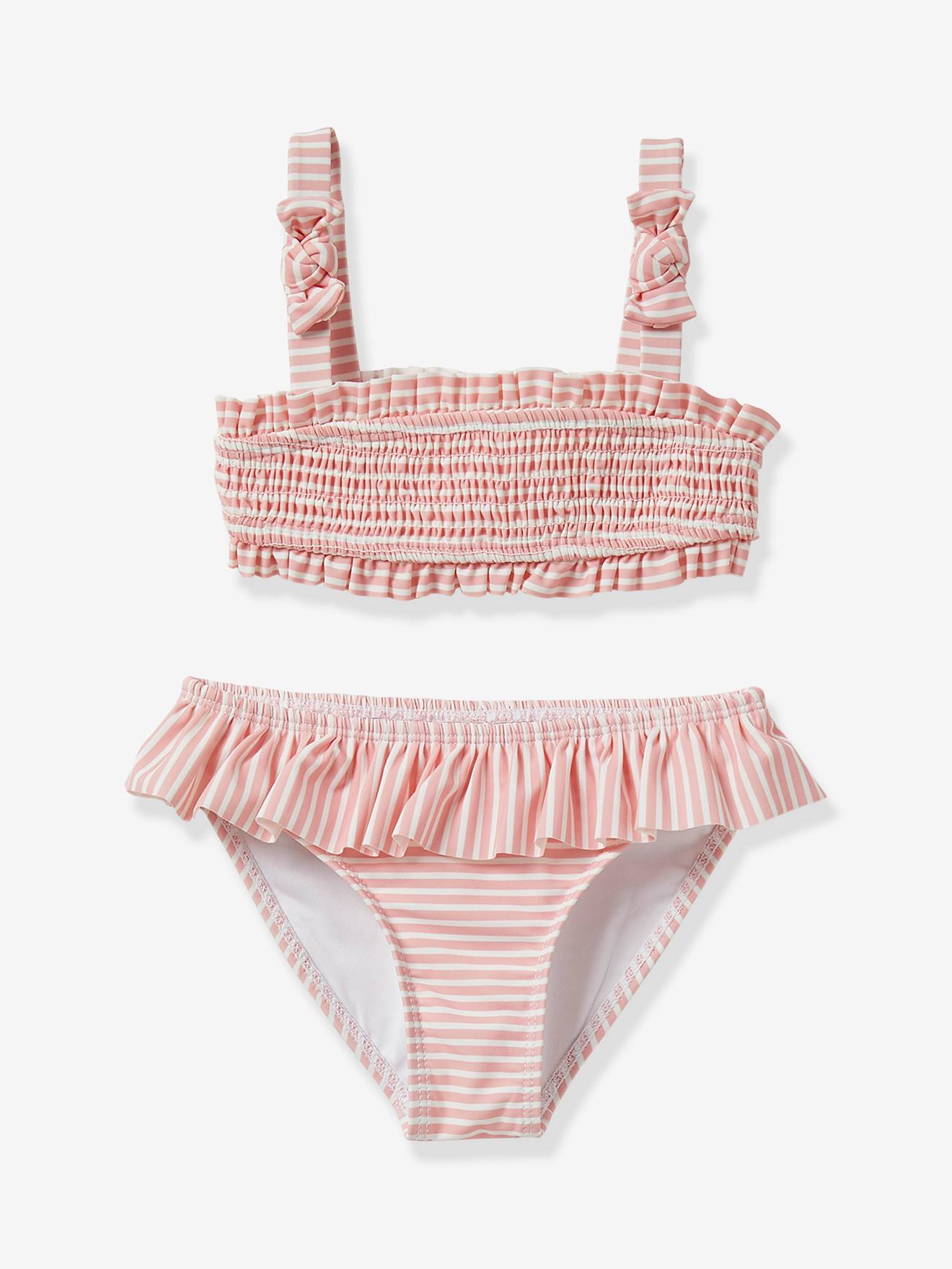 Maillot 2 pièces à smocks Fille CYRILLUS rayé rose/écru