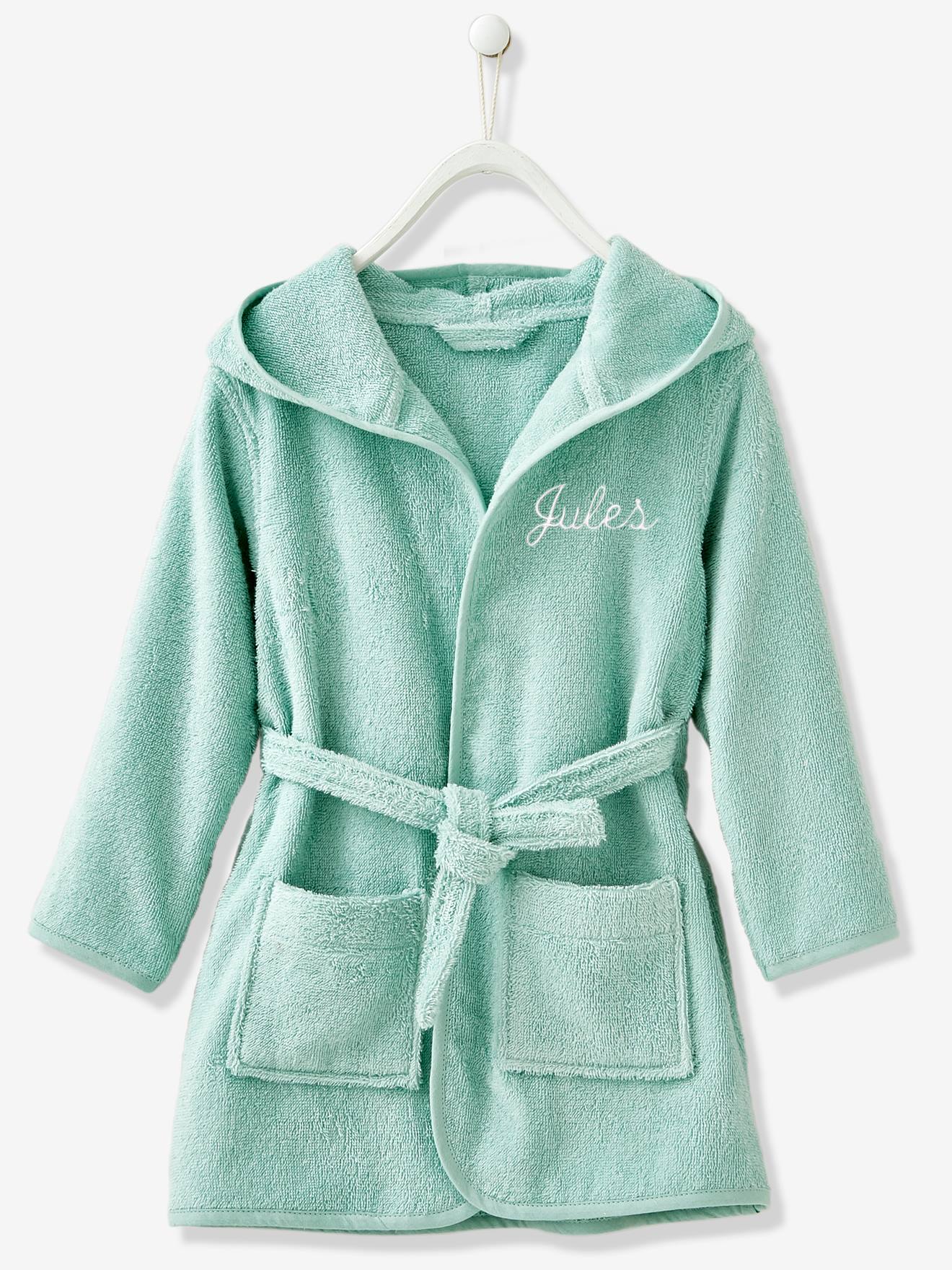 Peignoir de bain enfant uni à capuche, personnalisable vert bleuté