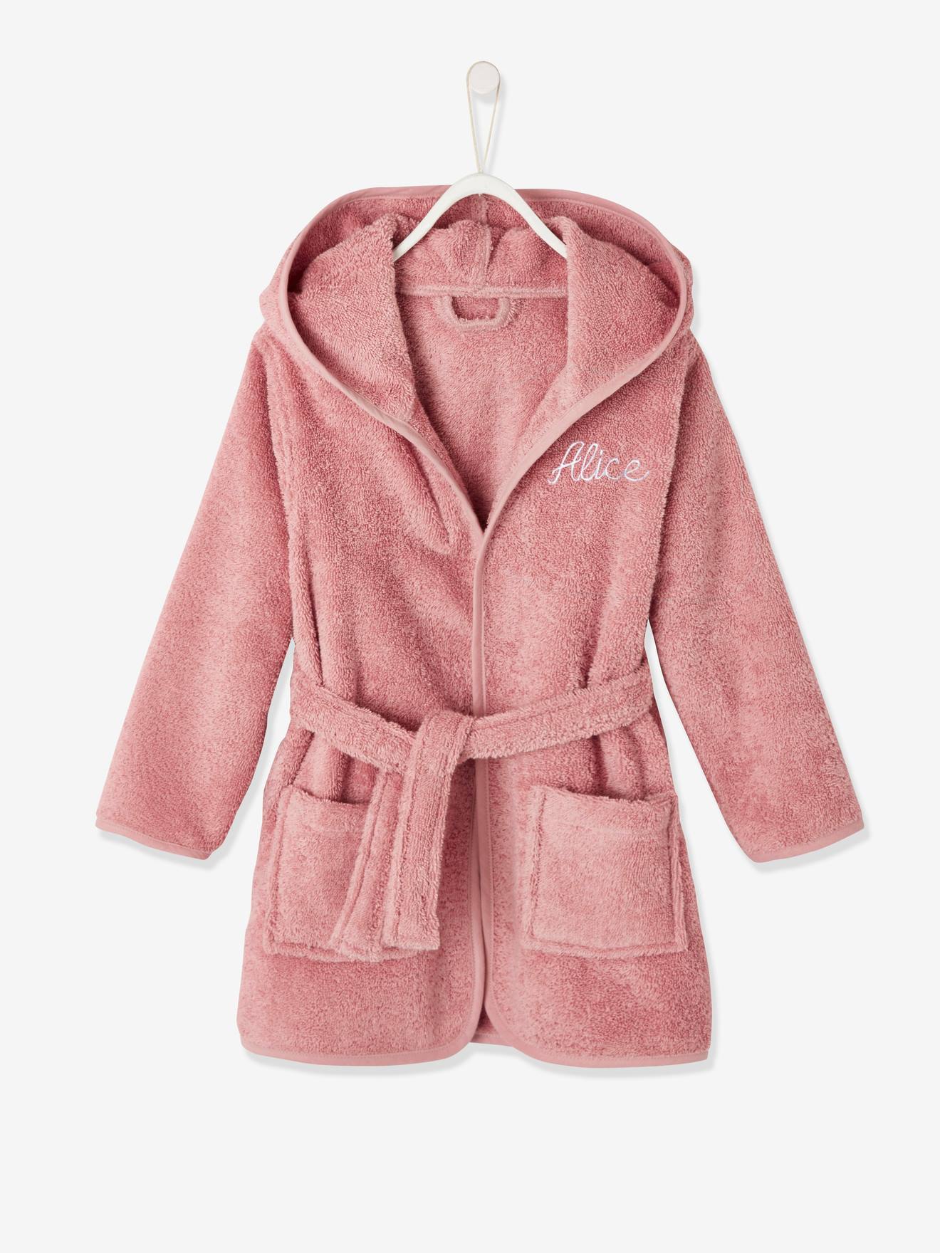 Peignoir de bain enfant uni à capuche, personnalisable vieux rose