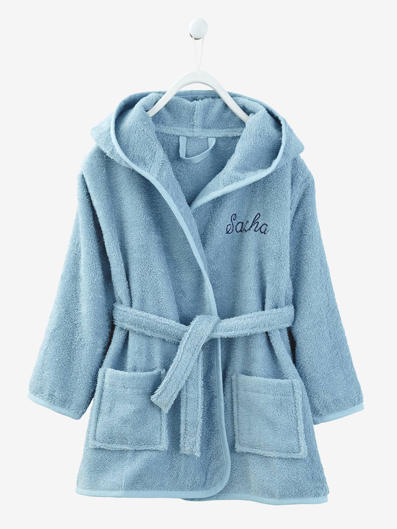 Peignoir de bain enfant uni à capuche, personnalisable bleu clair