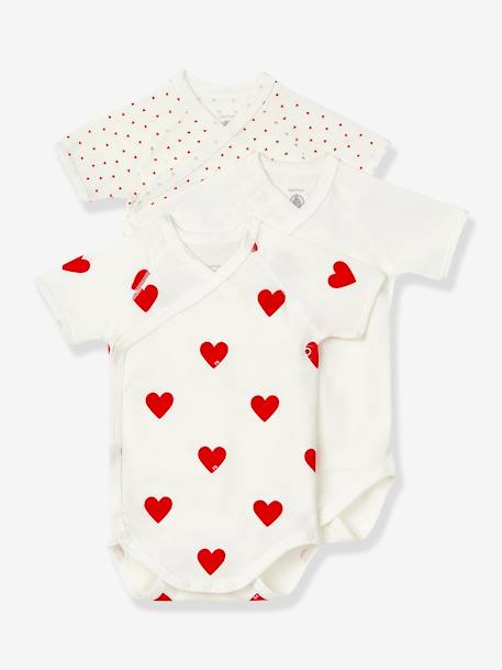 Petit Bateau - Lot de 3 bodies croisés manches courtes coeurs bébé naissance en coton bio blanc