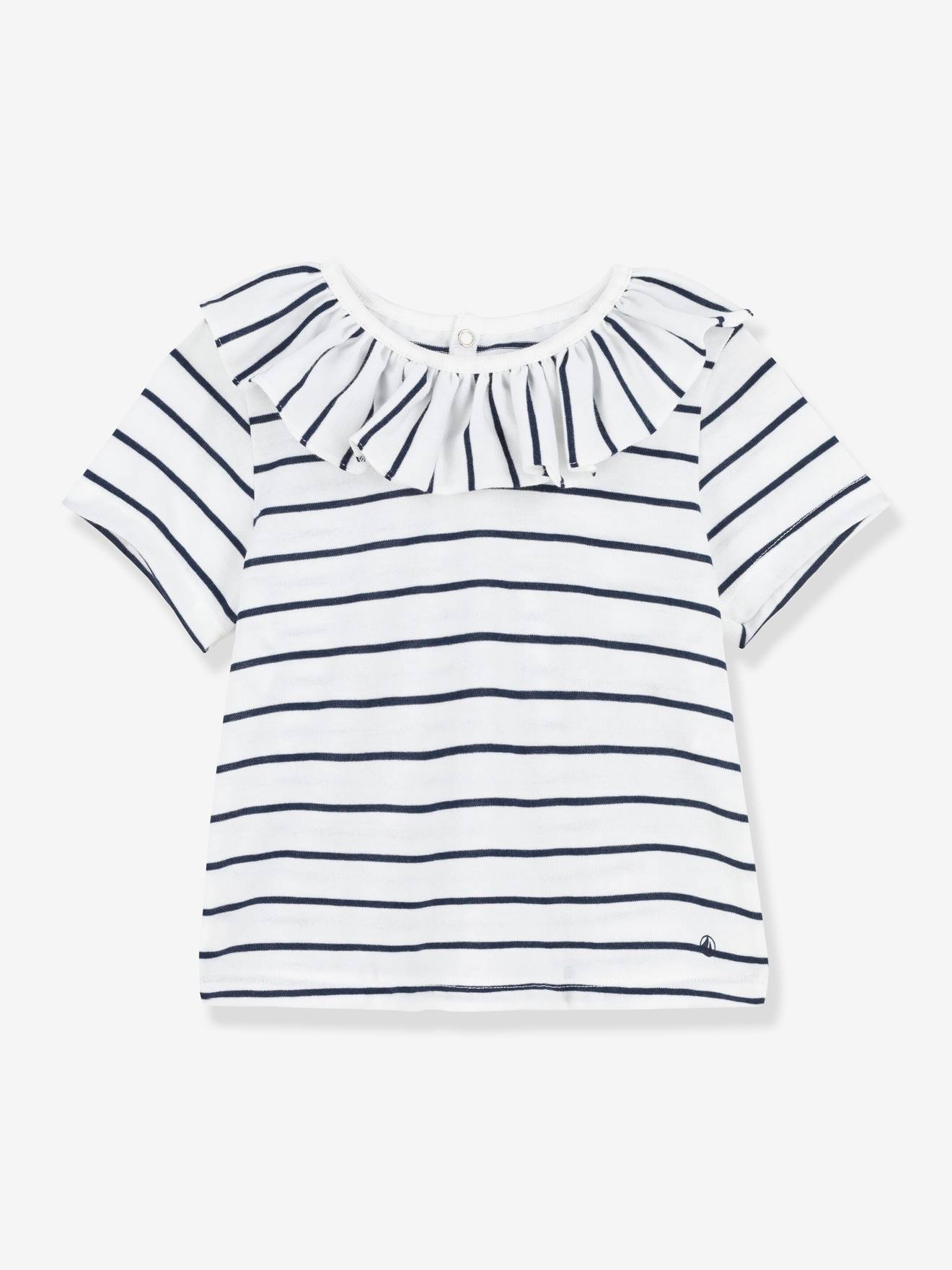 Blouse rayée bébé manches courtes en jersey PETIT BATEAU blanc rayé marine