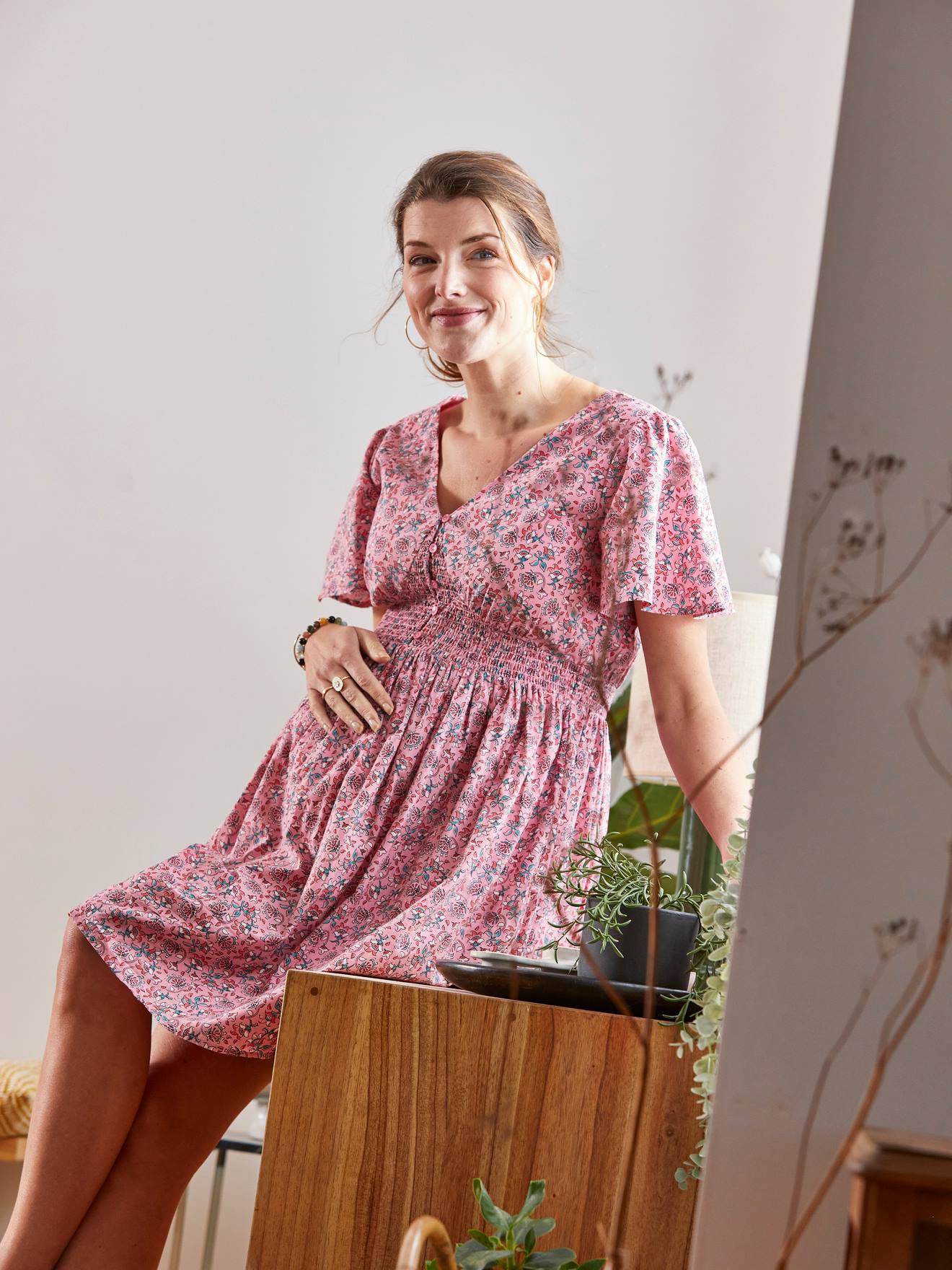 Robe courte en crêpe imprimé grossesse et allaitement rose imprimé