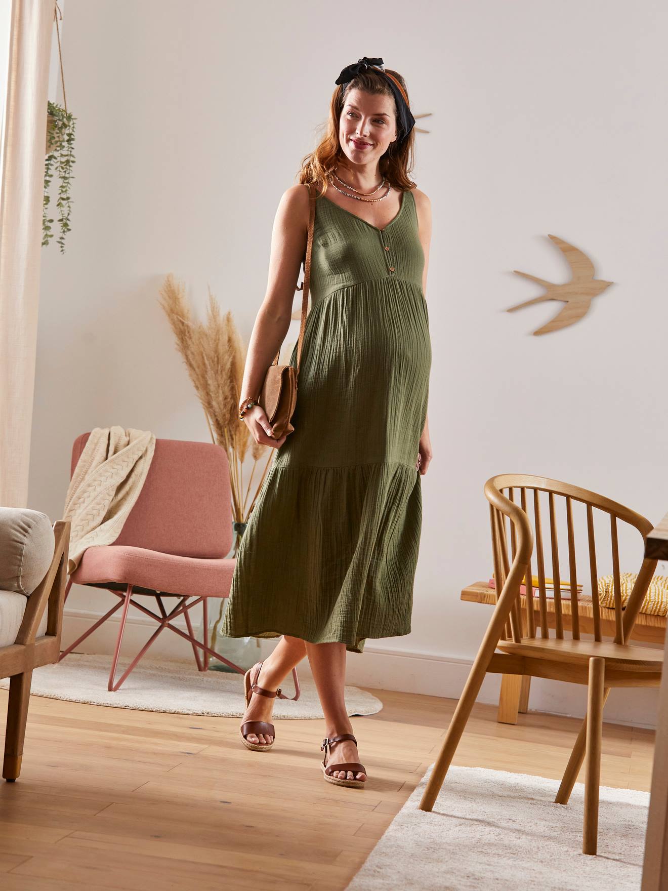 Robe fines bretelles gaze de coton grossesse et allaitement vert