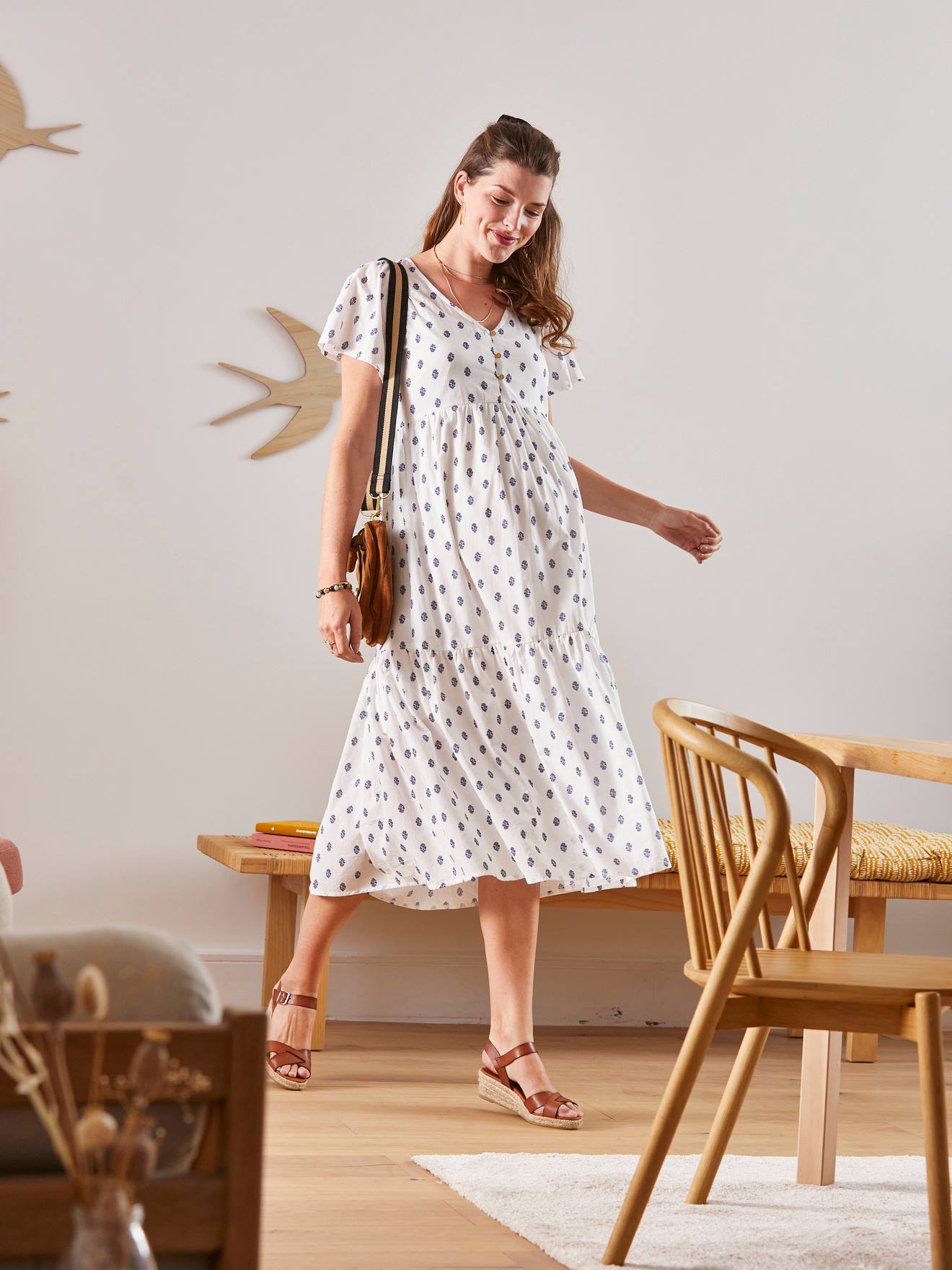 Robe volantée gaze de coton grossesse et allaitement marron
