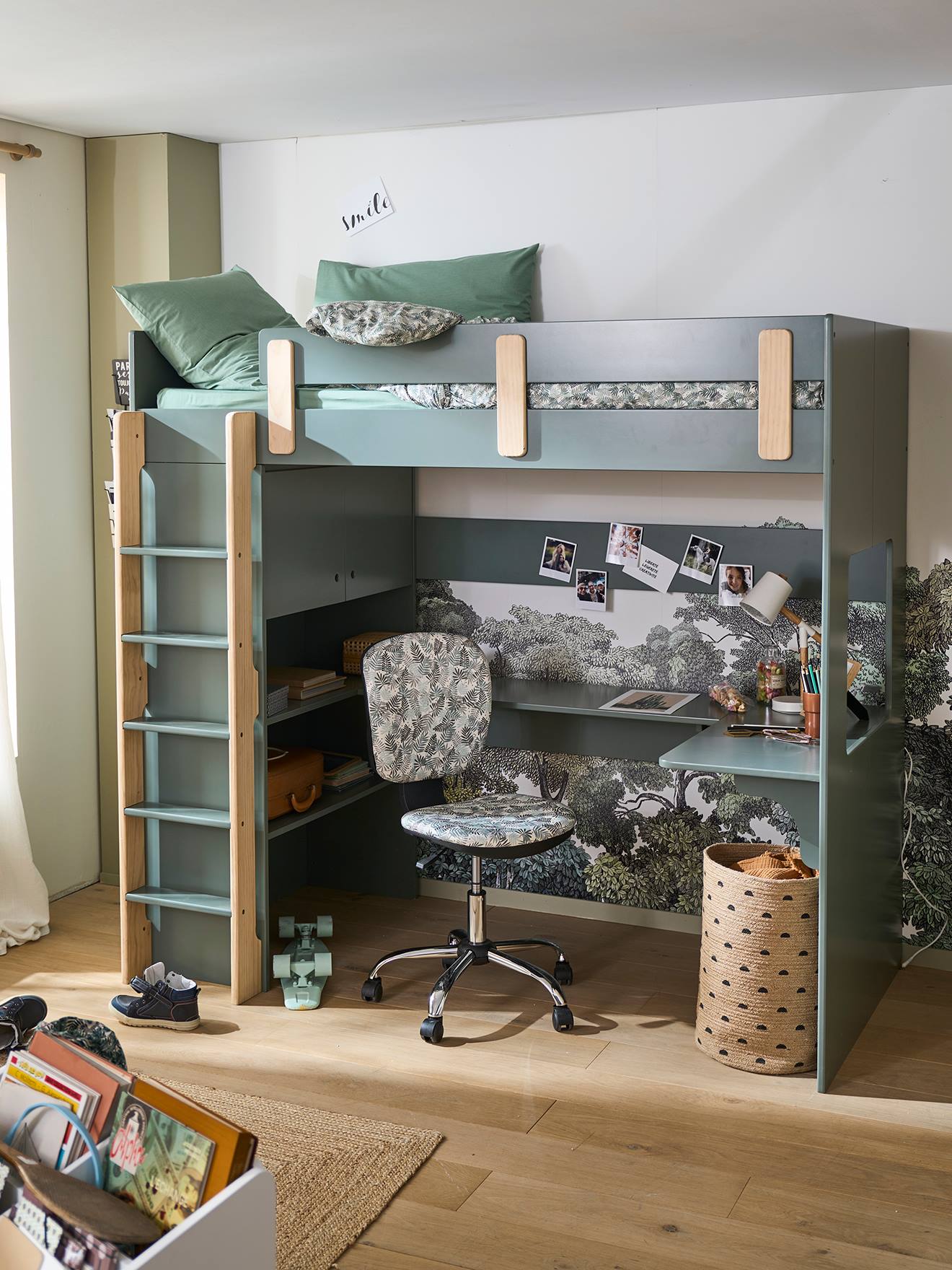 Lit mezzanine avec bureau et rangement EVEREST kaki