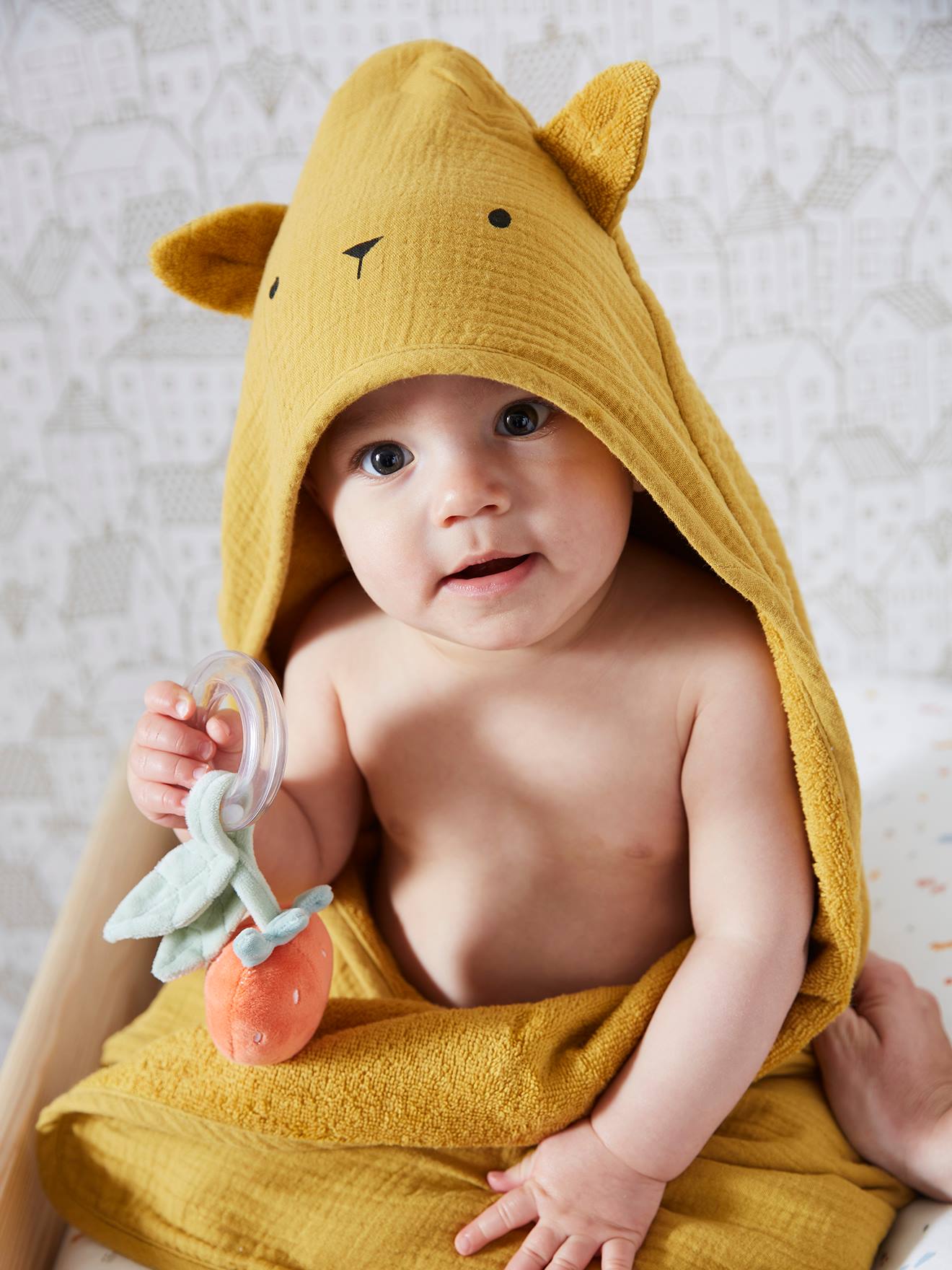 Cape de bain gaze de coton + gant de toilette BIO* ocre