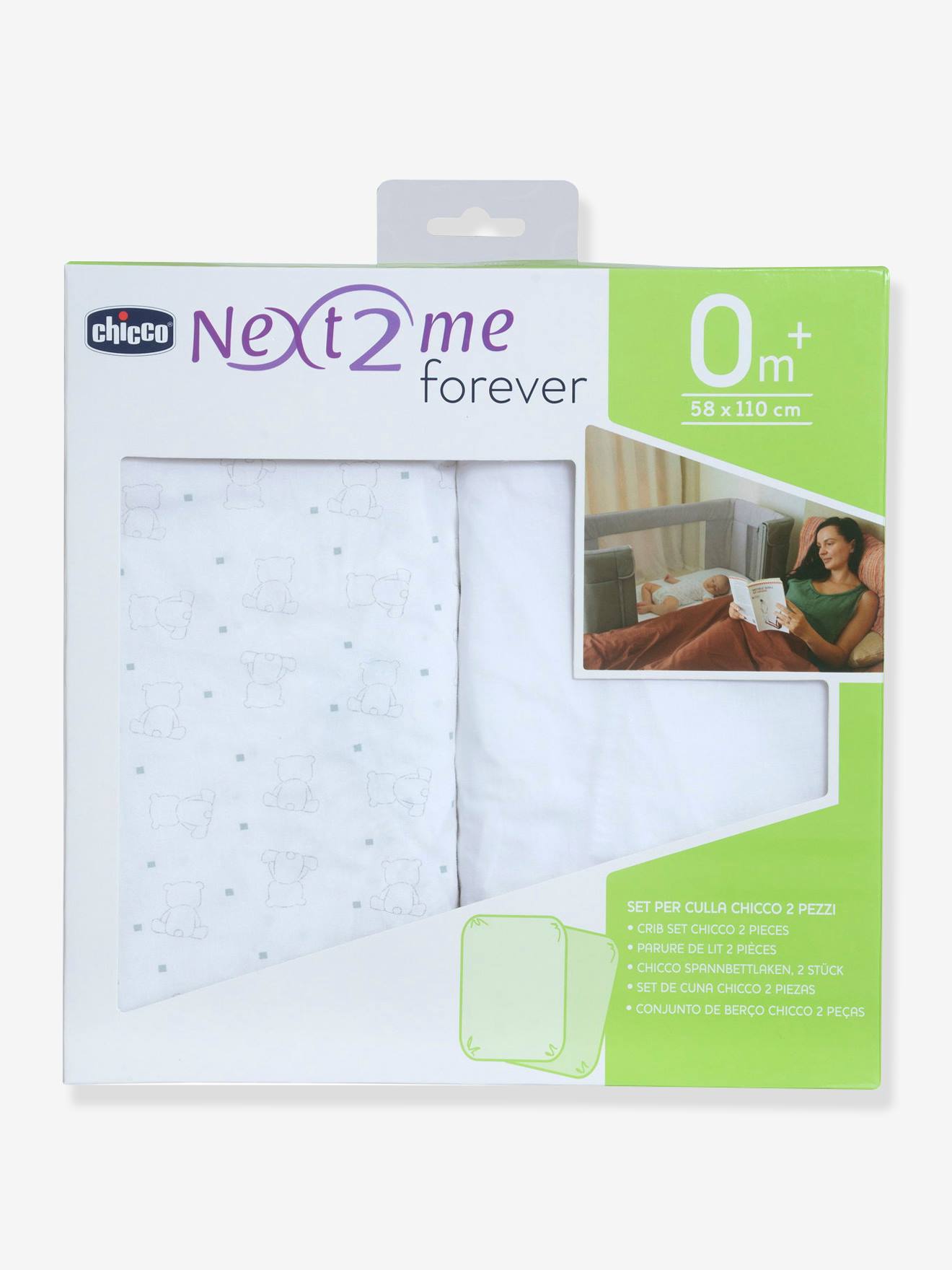 Lot de 2 draps-housses pour berceau évolutif CHICCO Next2Me Forever blanc imprimé
