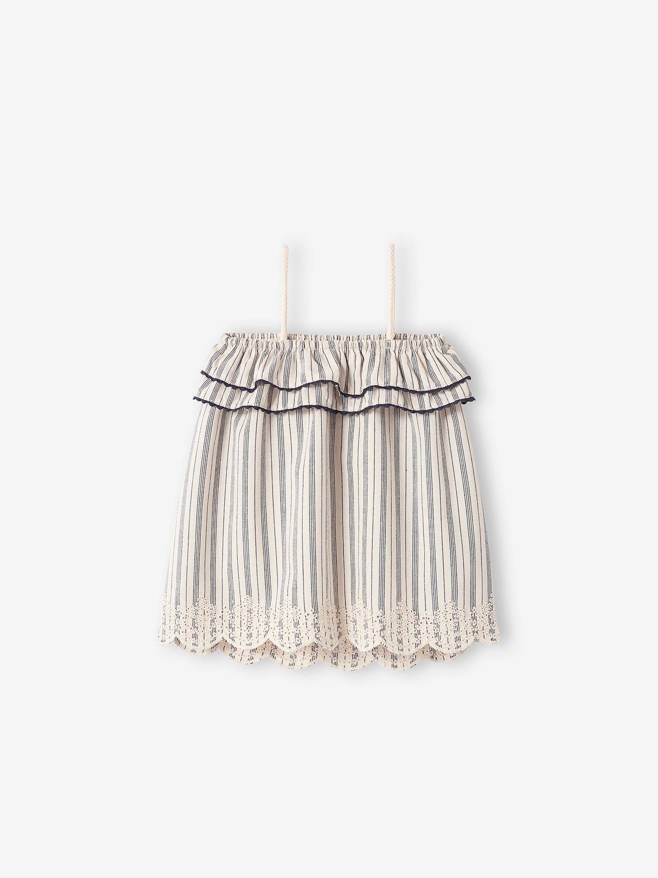 Robe brodée bébé à bretelles beige clair rayé