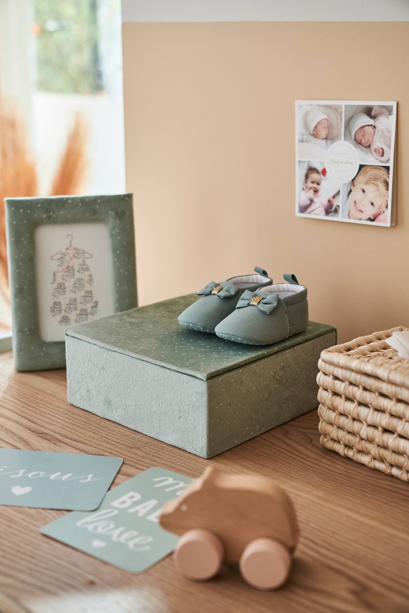 Coffret cadeau cadre + boite à compartiments en velours vert