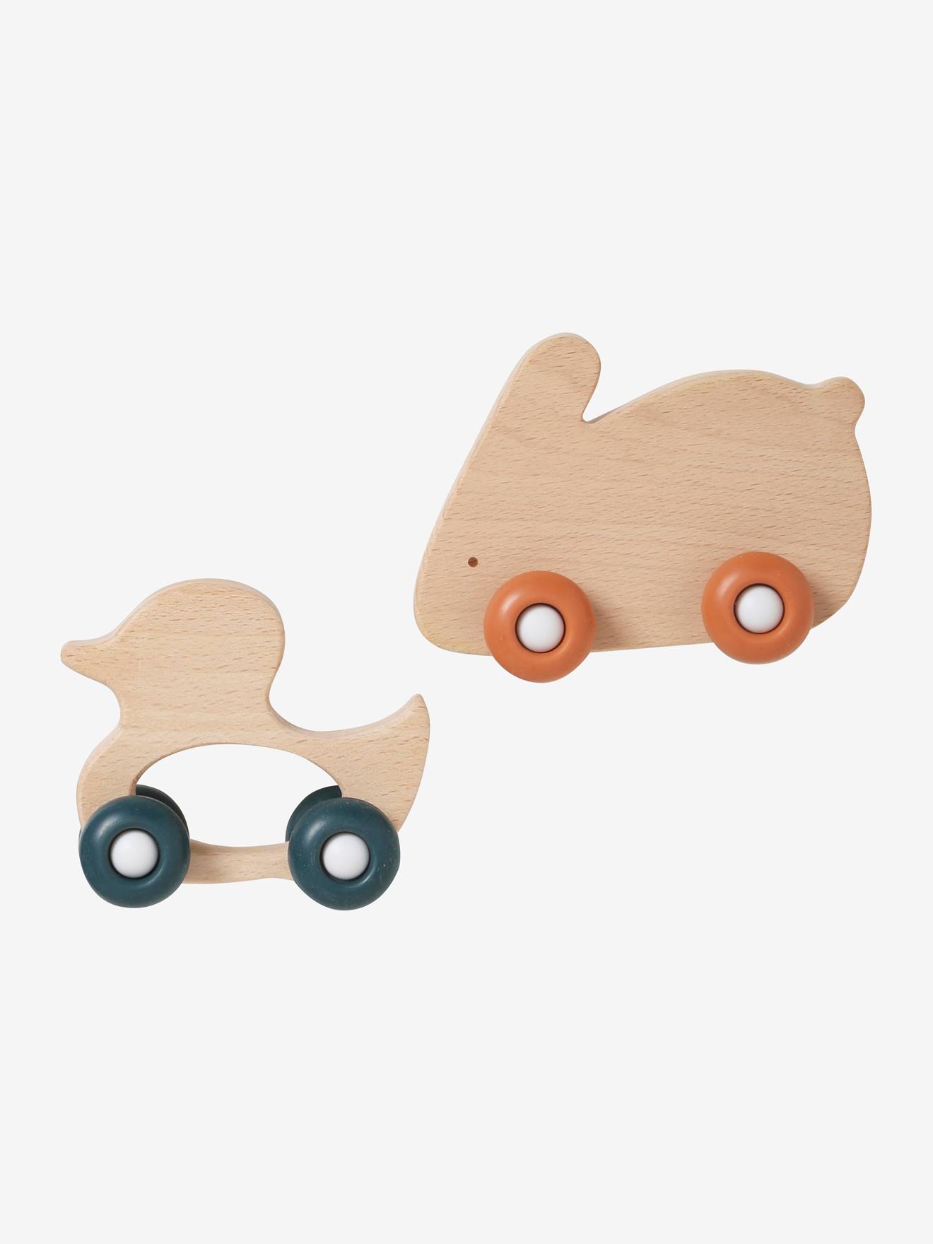 Set de 2 animaux à roulettes en bois et silicone orange