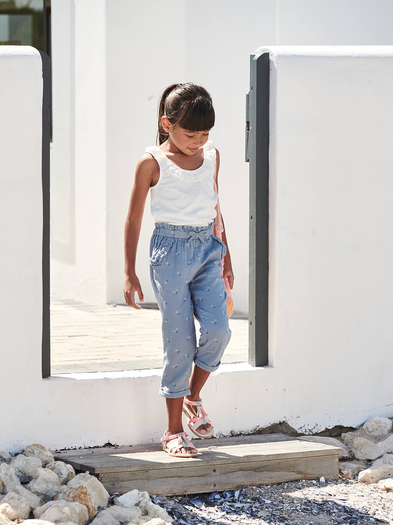 Pantacourt Large Imprimé Fille VERTBAUDET Coton/Lin – Style Décontracté Été 3 Ans Blanc Imprimé