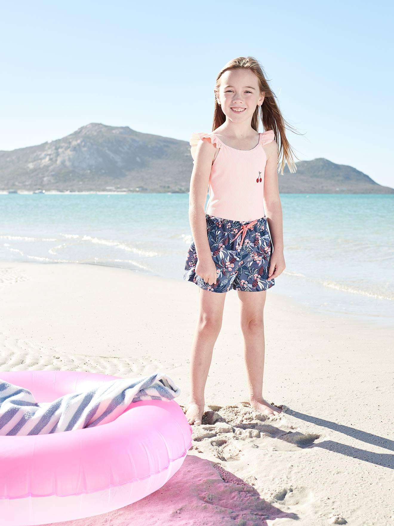 Short de bain motifs tropiques fille bleu imprimé