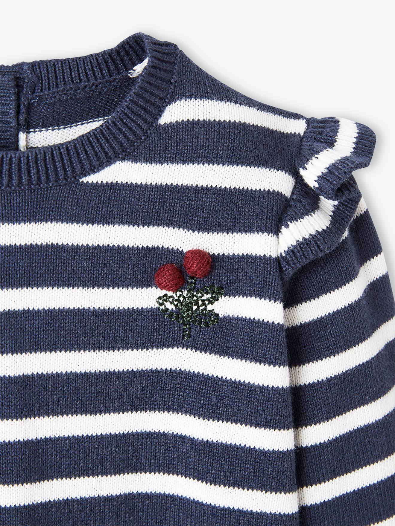 Pull à volants cerise bébé avec pompons marine rayé (Vertbaudet) - Image 2