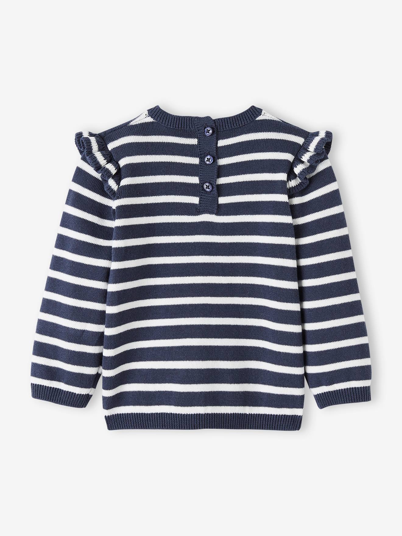 Pull à volants cerise bébé avec pompons marine rayé (Vertbaudet) - Image 1