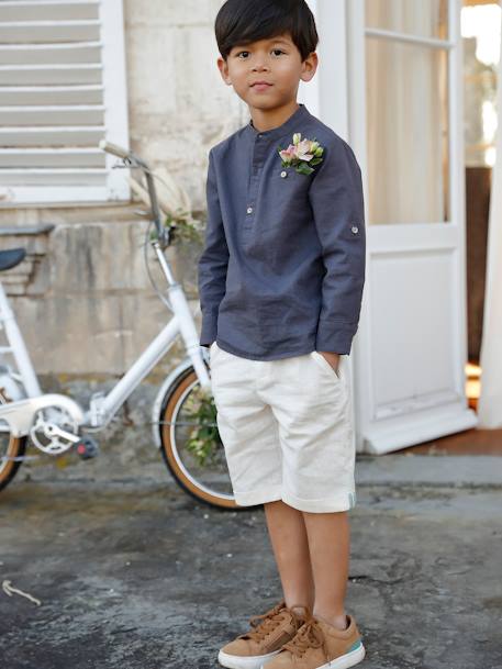 Chemise col Mao en coton/lin garçon manches retroussables blanc+bleu ciel+Bleu moyen+vert 22 - vertbaudet enfant 