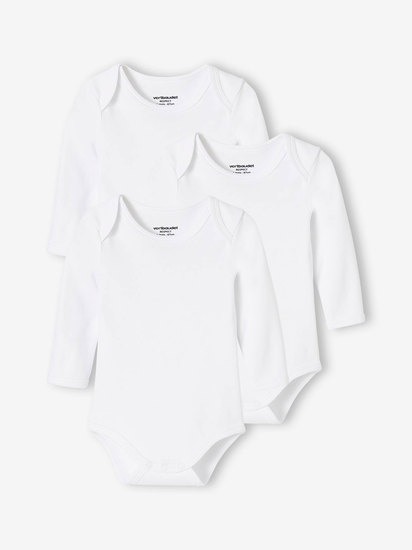 Lot de 3 bodies bébé en coton bio manches longues ouverture US BASICS lot blanc