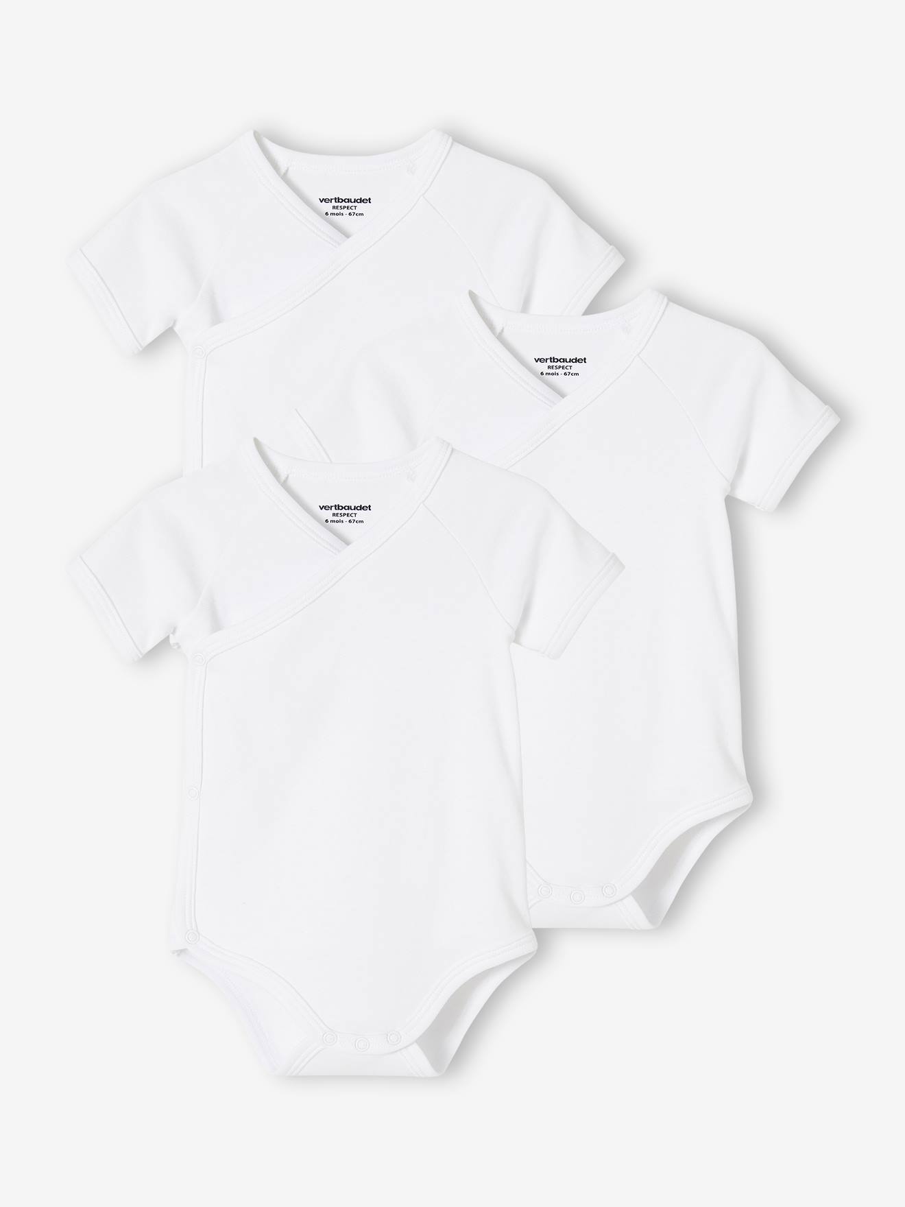 Lot de 3 bodies Bio Collection manches courtes ouverture naissance BASICS lot blanc