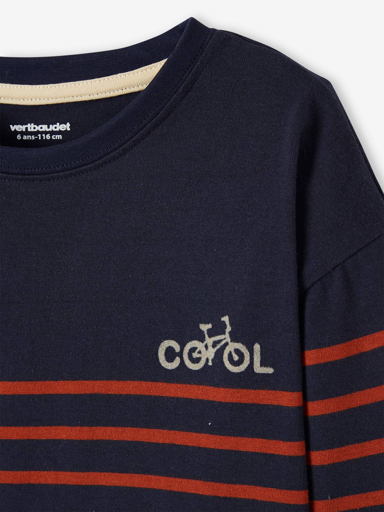 Tee-shirt Marinière Garçon Vertbaudet - Manches Mi-longues Avec Flocage Velours Ivoire