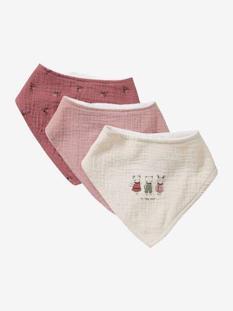 Vertbaudet - Lot 3 bavoirs bandanas en gaze de coton / éponge rose grenier