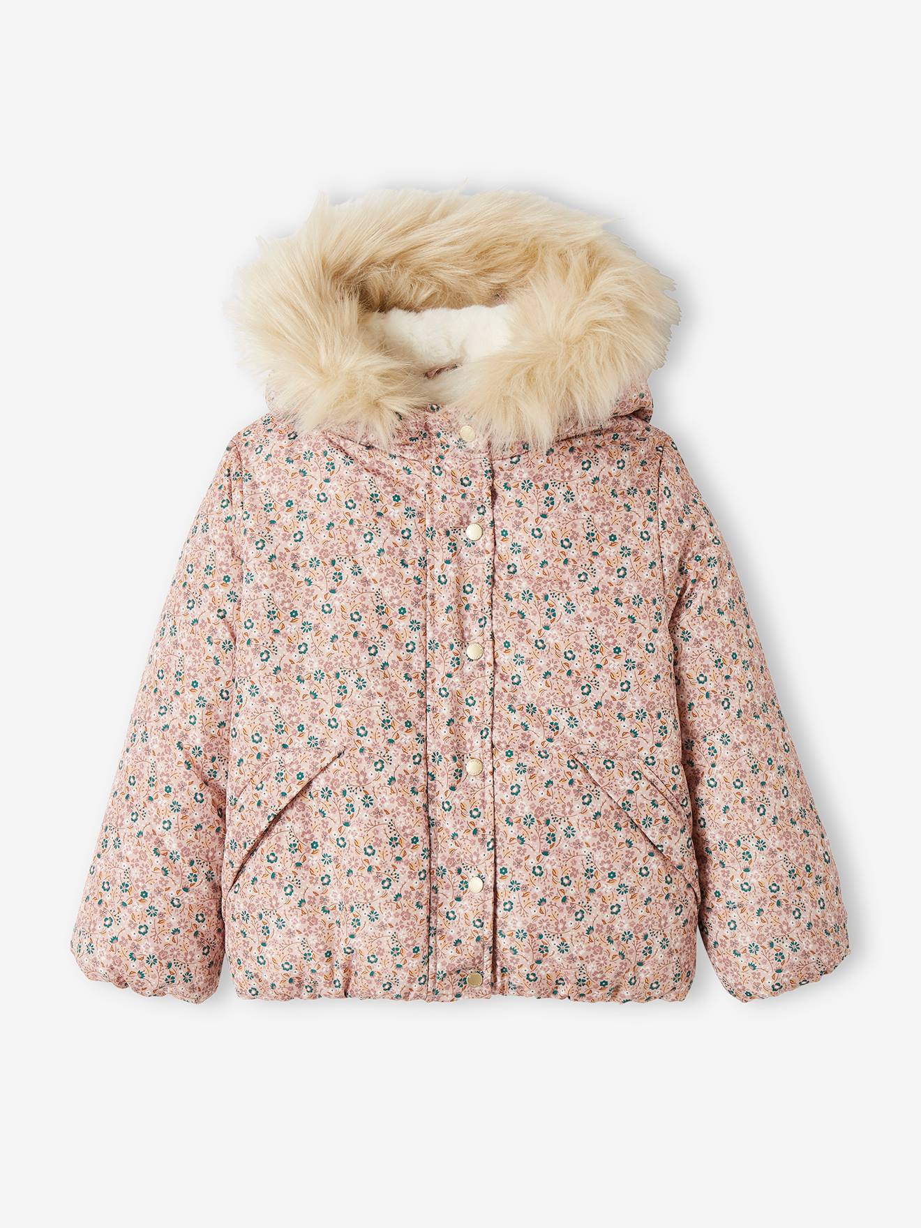 Doudoune courte à capuche imprimée fleurs fille lilas clair