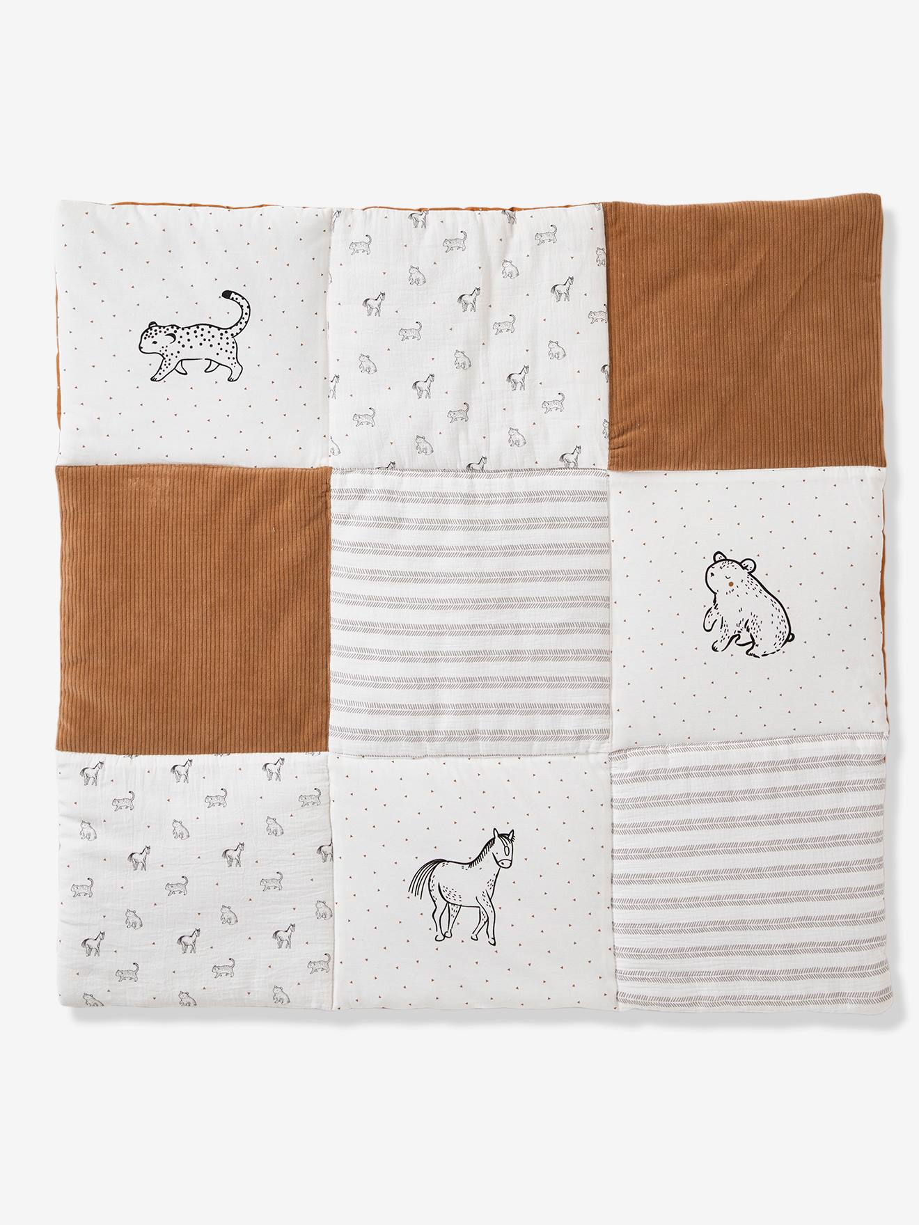 Vertbaudet - Tapis de sol / Fond de parc patchwork coton et velours PETIT NOMADE écru / camel