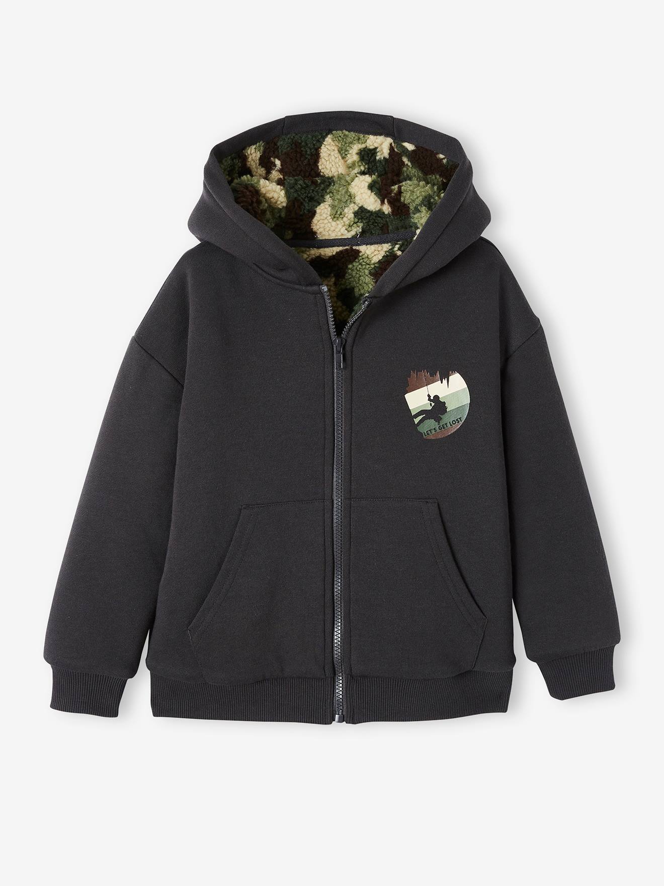 Sweat zippé doublé sherpa camouflage garçon. anthracite