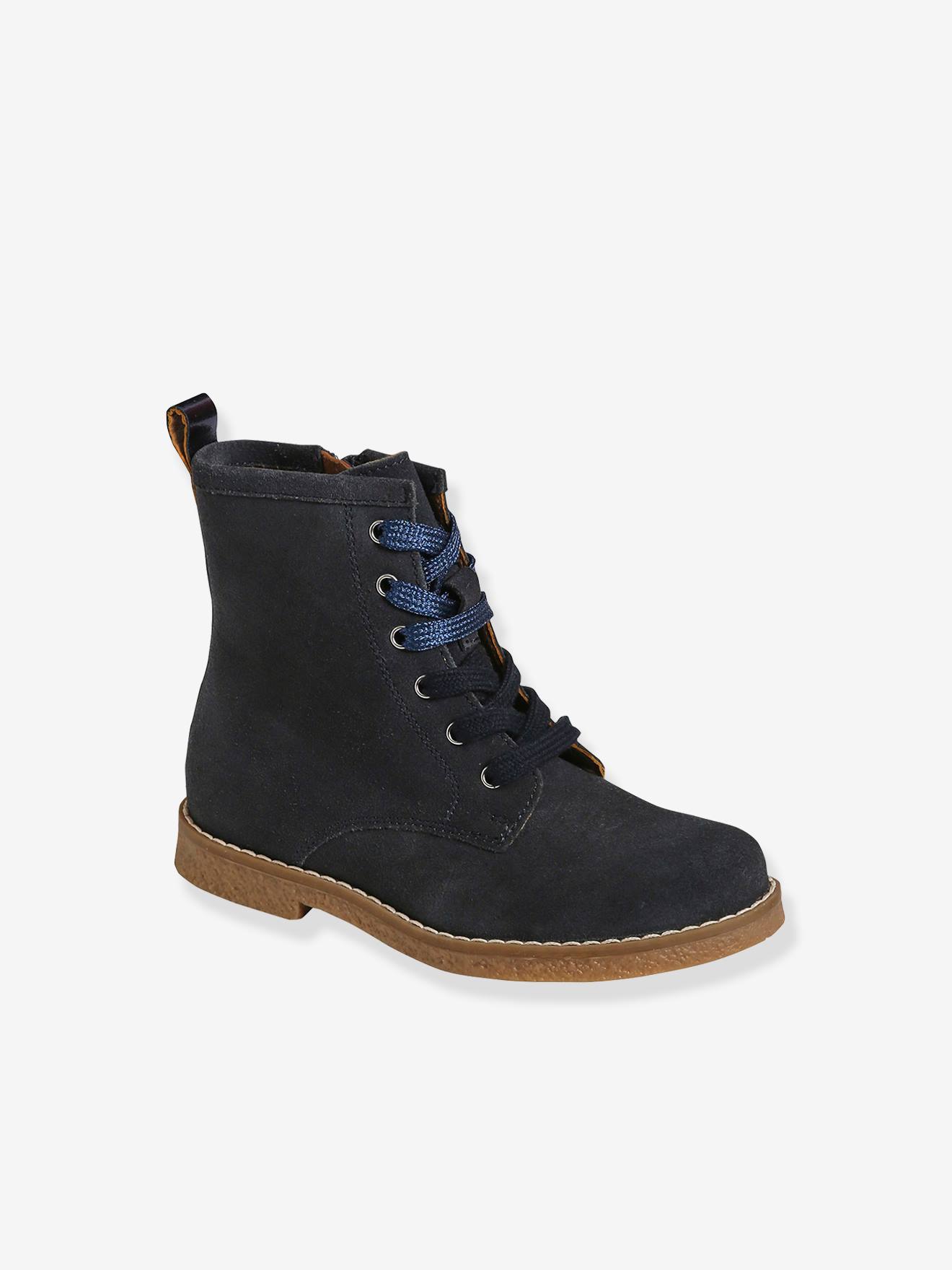 Bottines cuir fille à lacets + glissière bleu marine