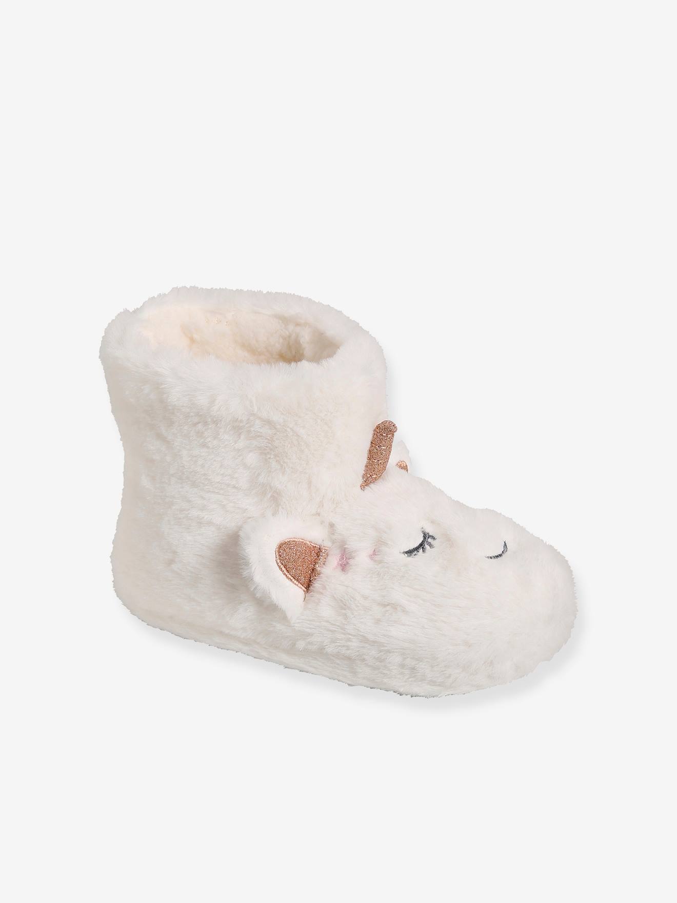Chaussons montants licornes fille en peluche blanc