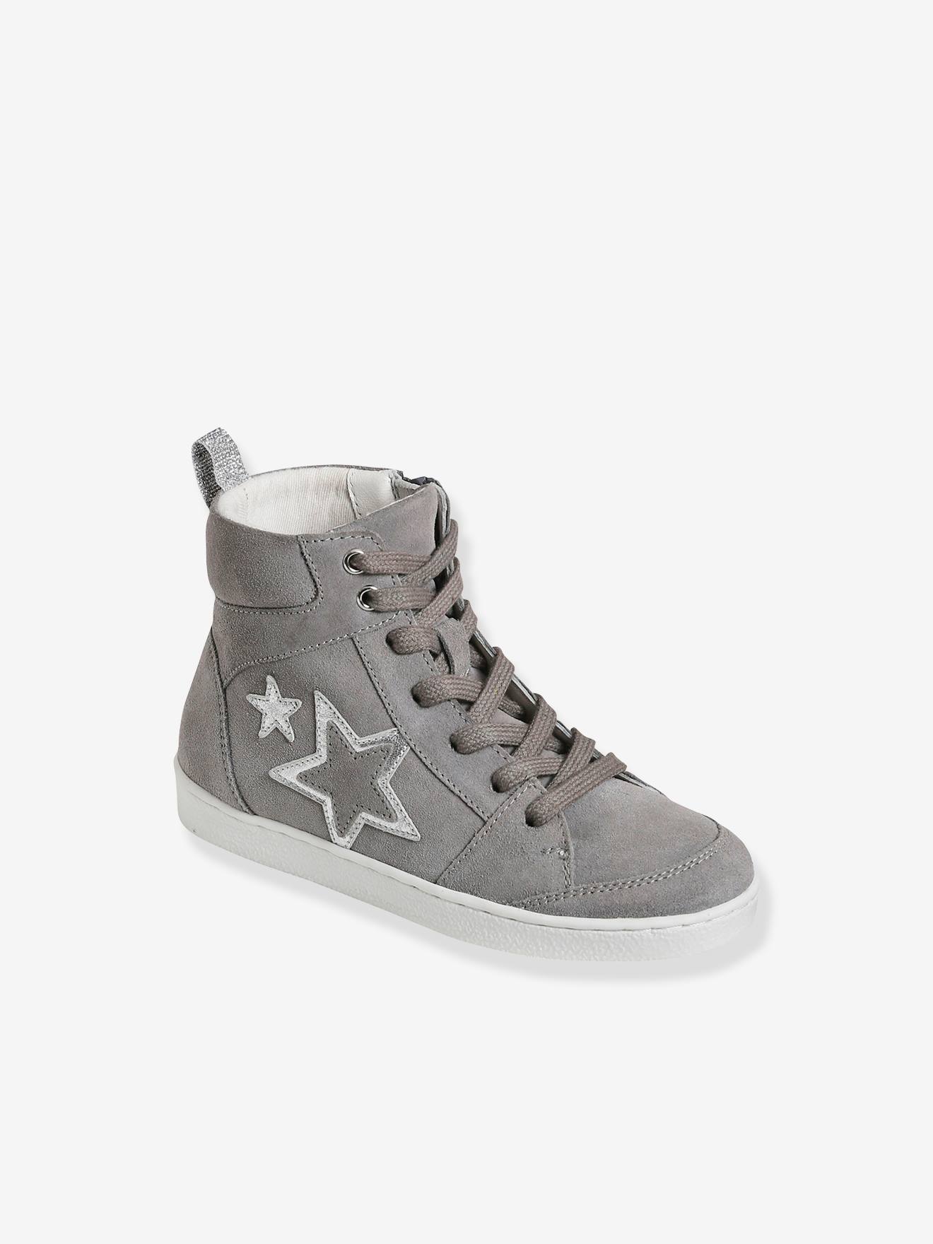 Baskets mid cuir fille lacées et zippées gris