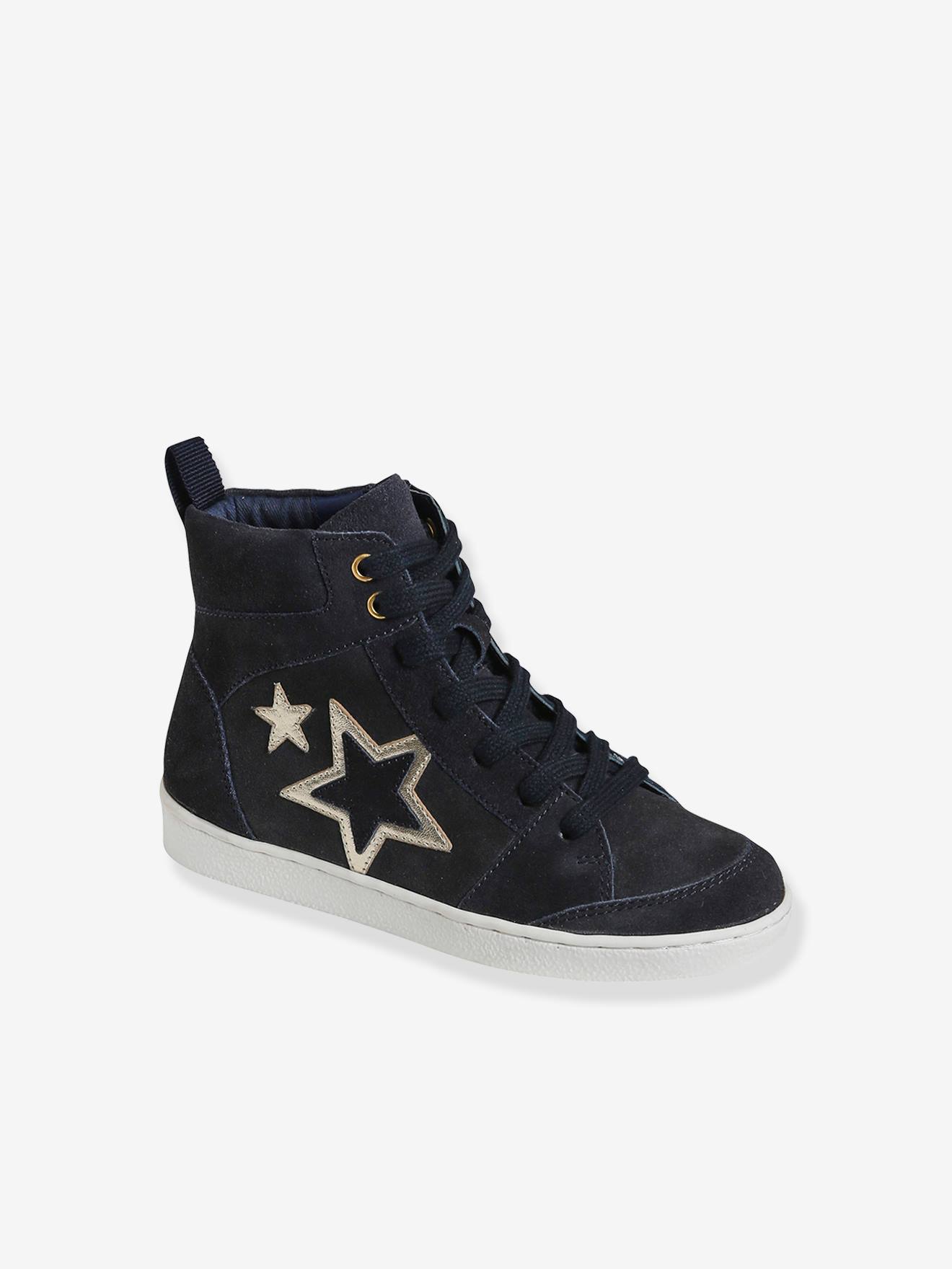 Baskets mid cuir fille lacées et zippées bleu marine